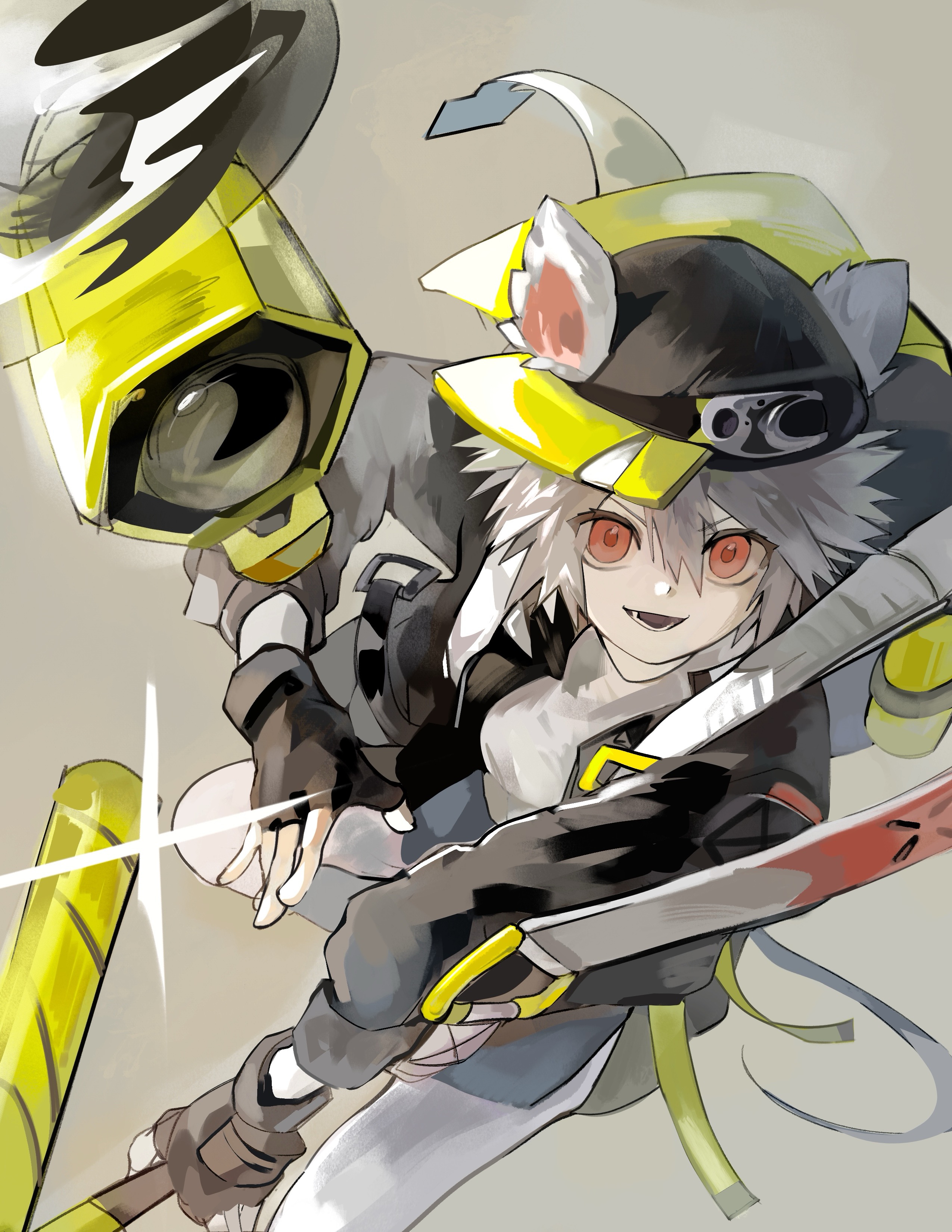 click (arknights), arknights, absurdres, chinese commentary, commentary request, highres, 1girl, animal ears, black gloves, black hat, black jacket, ears through headwear, fingerless gloves, flat cap, gloves, green hat, grey background, grey hair, grey pants, hair between eyes, hat, jacket, long sleeves, looking at viewer, nya8392216, open mouth, pants, red eyes, short hair, simple background, solo, strap