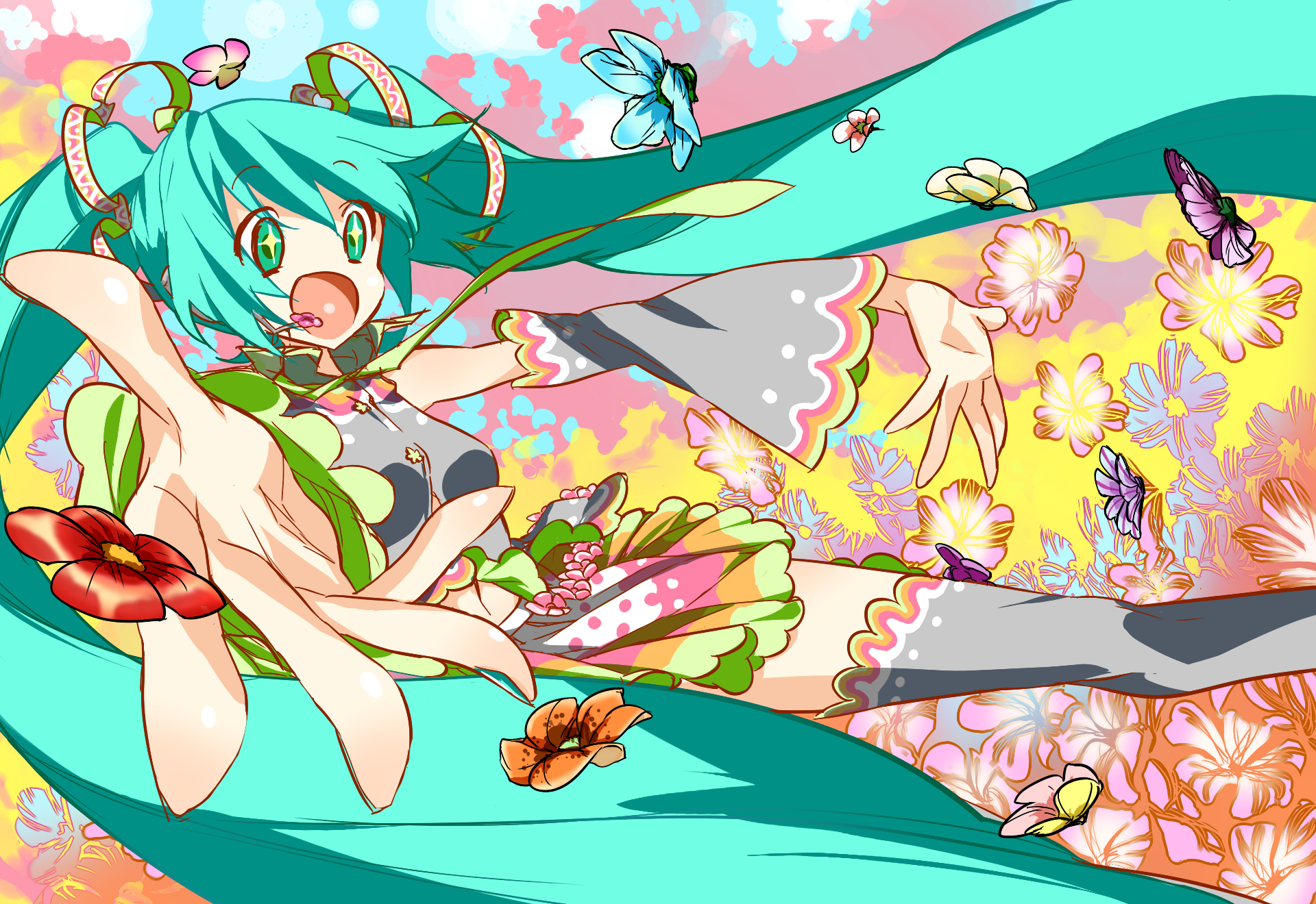 maetaku, hatsune miku, vocaloid, bad id, bad piapro id, highres, + +, 1girl, aqua eyes, aqua hair, colorful, detached sleeves, female focus, flower, foreshortening, long hair, nature, necktie, skirt, smile, solo, thighhighs, twintails, very long hair, zettai ryouiki