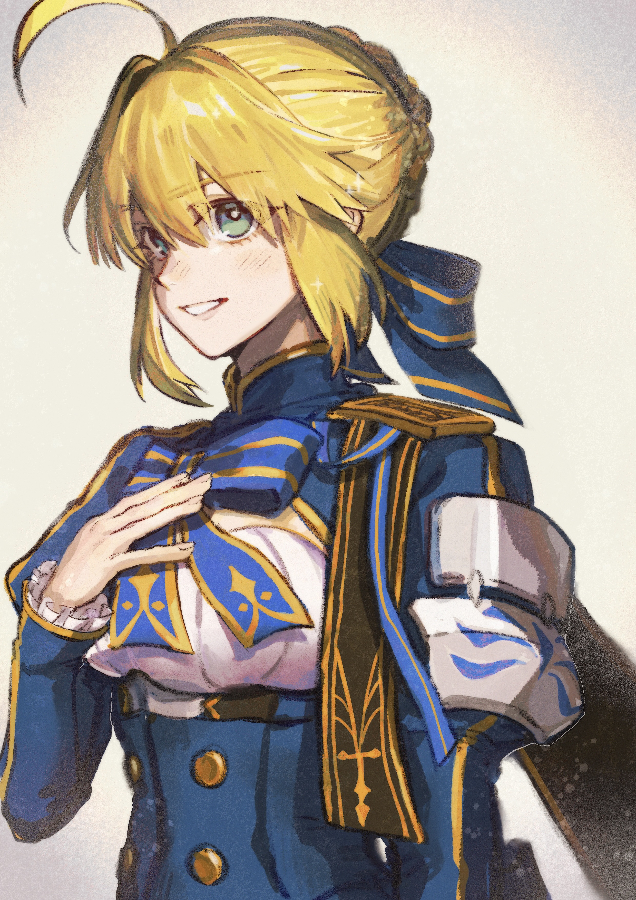 umeboitarou, artoria pendragon (fate), saber (fate), saber (honkai: star rail) (fate), fate (series), honkai: star rail, honkai (series), absurdres, commentary request, highres, 1girl, ahoge, blonde hair, blue dress, bow, braid, dress, green eyes, grin, hair between eyes, long sleeves, looking at viewer, simple background, smile, solo, striped bow, upper body