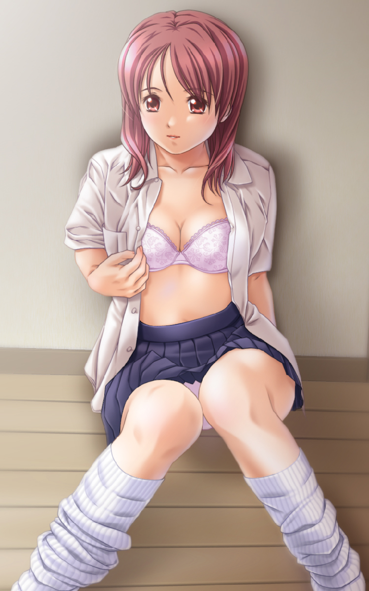 syusendow, original, highres, 1girl, bra, breasts, cleavage, female focus, large breasts, lingerie, lips, loose socks, open clothes, open shirt, panties, pantyshot, pink hair, red eyes, shirt, skirt, socks, solo, underwear, white shirt