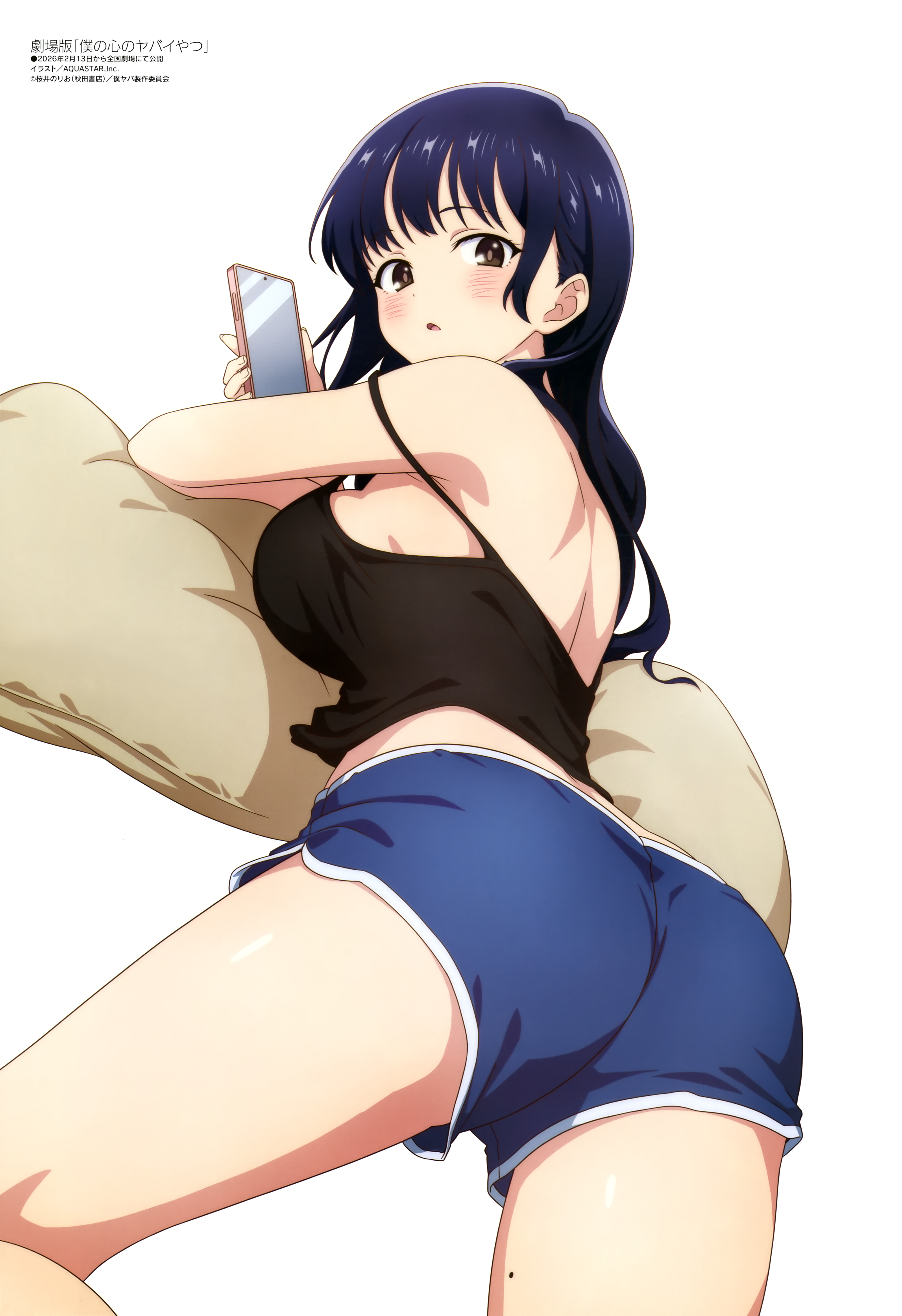 aquastar inc., yamada anna, boku no kokoro no yabai yatsu, megami magazine, absurdres, highres, magazine scan, official art, scan, 1girl, ass, ass focus, black camisole, black hair, blue shorts, blush, breasts, brown eyes, camisole, cellphone, dolphin shorts, holding, holding phone, large breasts, long hair, looking at viewer, looking back, mole, mole on thigh, open mouth, phone, pillow, shorts, sideboob, simple background, smartphone, solo, strap slip, thighs
