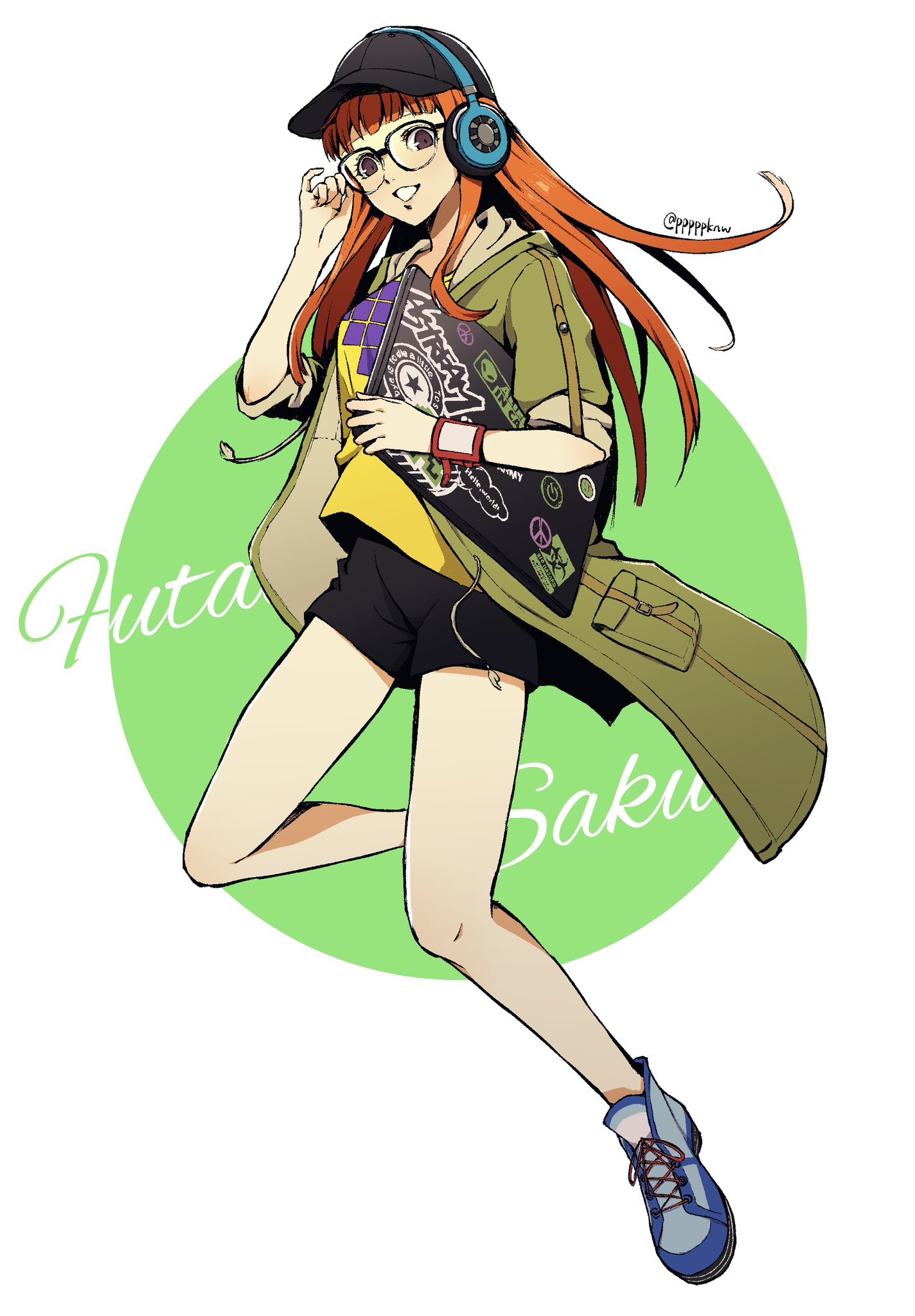pppppknw, sakura futaba, persona, persona 5, persona 5 scramble: the phantom strikers, highres, 1girl, adjusting eyewear, bare legs, baseball cap, black hat, black shorts, blue shoes, character name, coat, computer, full body, green background, green coat, grin, hat, headphones, holding, holding laptop, laptop, long hair, looking at viewer, orange hair, purple eyes, shirt, shoes, short shorts, shorts, simple background, smile, solo, thighs, very long hair, white background, yellow shirt