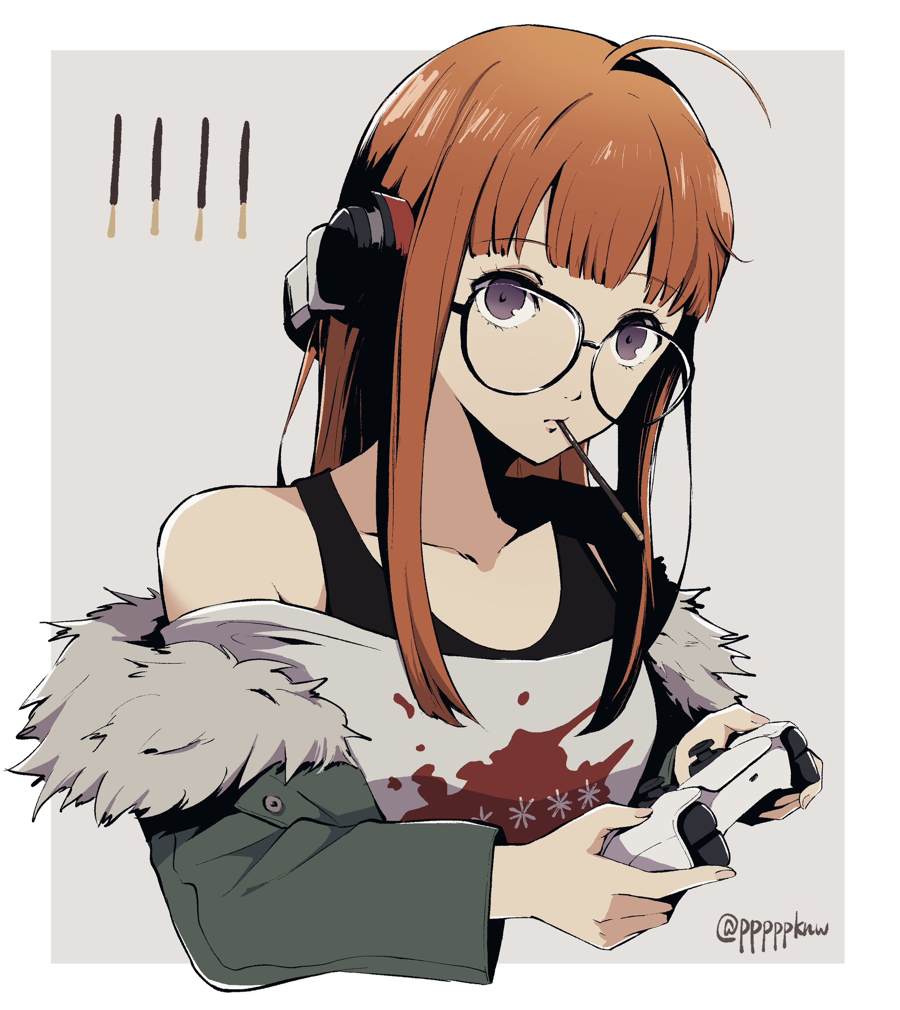 pppppknw, sakura futaba, persona, persona 5, highres, 1girl, ahoge, behind-the-head headphones, collarbone, controller, cropped torso, food, food in mouth, fur-trimmed jacket, fur trim, game controller, glasses, green jacket, headphones, holding, holding controller, holding game controller, jacket, long hair, orange hair, playstation controller, pocky, pocky day, pocky in mouth, purple eyes, shirt, sidelocks, solo, tank top, upper body