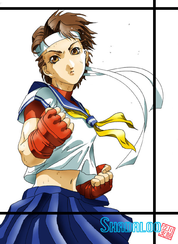 balrog (shadaloo tachikawa shibu), shadaloo, kasugano sakura, capcom, justice gakuen, street fighter, street fighter zero (series), framed, >:(, 1990s (style), 1girl, androgynous, angry, blue sailor collar, breasts, brown eyes, brown hair, clenched hands, crop top, crop top overhang, female focus, fighting stance, fingerless gloves, flying sweatdrops, frown, gloves, head tilt, headband, looking at viewer, medium breasts, midriff, miniskirt, navel, neckerchief, orange eyes, pleated skirt, red gloves, retro artstyle, sailor collar, sailor crest, scarf, school uniform, serafuku, shirt, short hair, short sleeves, simple background, skirt, solo, spandex, sweat, tomboy, turtleneck, v-shaped eyebrows, white background