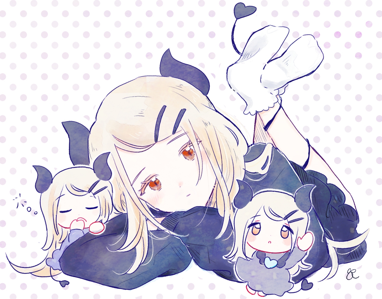 aoshirota, shinosawa hiro, gakuen idolmaster, idolmaster, 3girls, arm up, black horns, black jacket, black skirt, black tail, blonde hair, blush, chibi, closed eyes, closed mouth, crossed ankles, crossed arms, demon girl, demon horns, demon tail, feet up, full body, hair ornament, hairclip, head rest, horns, jacket, legs up, long hair, long sleeves, looking at viewer, lying, multiple girls, multiple persona, on stomach, orange eyes, parallel hairclips, polka dot, polka dot background, red eyes, skirt, sleepy, socks, tail, the pose, white background, white socks
