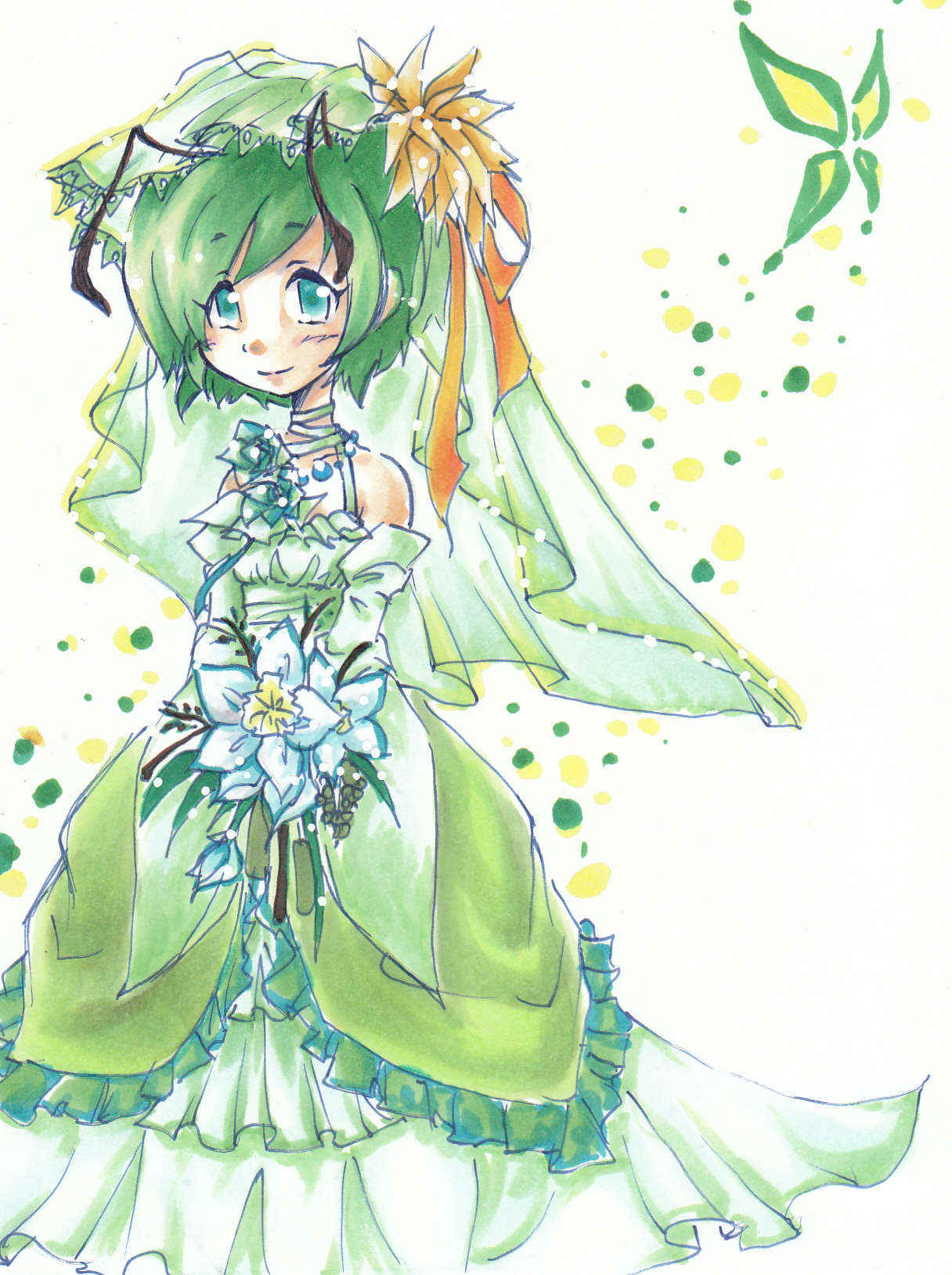 ichima, wriggle nightbug, touhou, bad id, bad pixiv id, highres, painting (medium), traditional media, watercolor (medium), 1girl, antennae, aqua eyes, bouquet, bride, dress, female focus, flower, green hair, plant, solo, wedding dress, white background