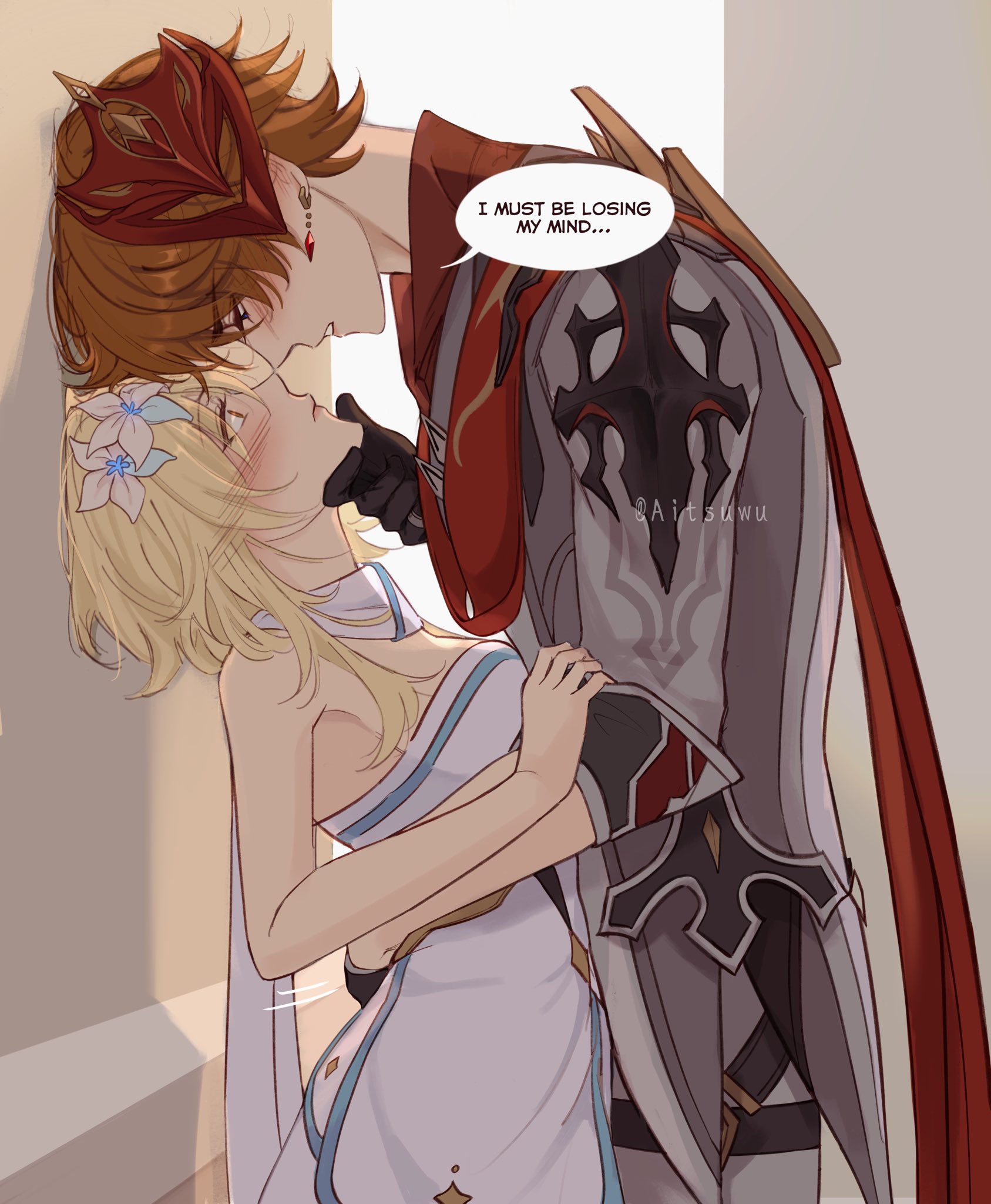 aitsuwu, lumine (genshin impact), tartaglia (genshin impact), genshin impact, highres, 1boy, 1girl, arm around waist, bare shoulders, blonde hair, brown hair, dress, english text, flower, grey jacket, hair flower, hair ornament, hand on another's chin, jacket, looking at another, mask, noses touching, scarf, speech bubble, strapless, strapless dress, white dress, white scarf, yellow eyes