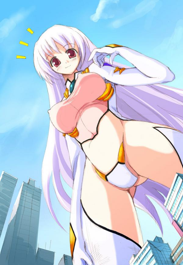 ariel alistair, maebari teikoku no gyakushuu, artist request, 1girl, blush, breasts, building, covered erect nipples, from below, giant, giantess, long hair, looking down, nipples, red eyes, sky, smile, standing, very long hair, white hair