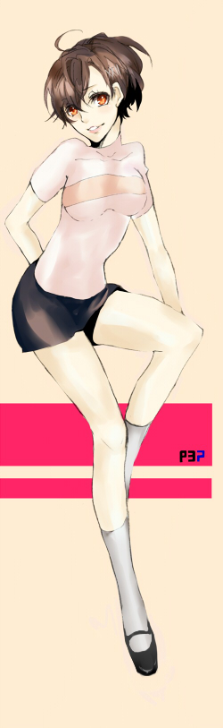 shiomi kotone, atlus, persona, persona 3, persona 3 portable, bad id, bad pixiv id, long image, tall image, brown hair, hair ornament, hairclip, short hair, shorts, smile, solo