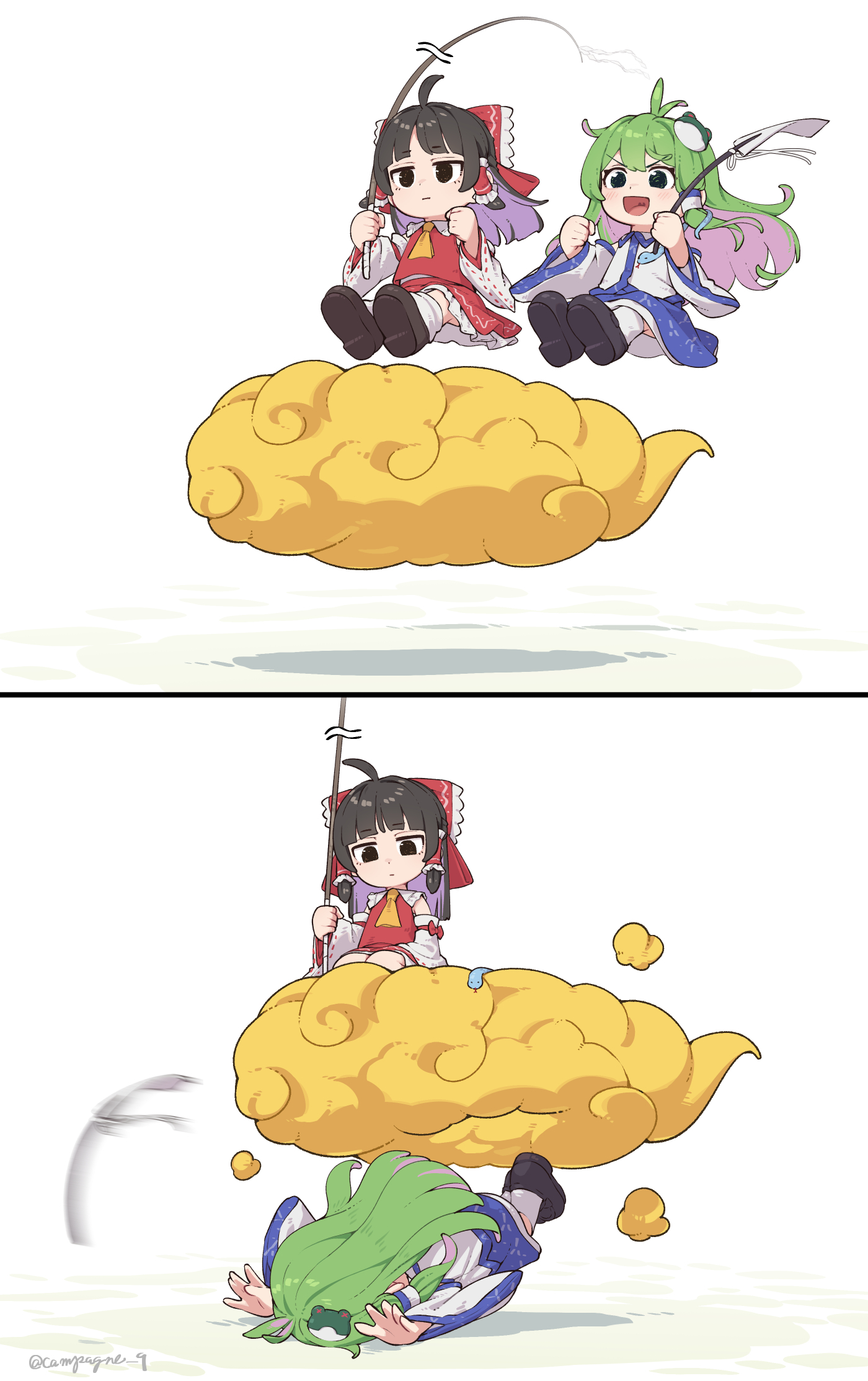kanpa (campagne 9), flying nimbus, hakurei reimu, kochiya sanae, dragon ball, touhou, commentary request, highres, 2girls, ascot, bow, colored inner hair, detached sleeves, failure, falling, frilled bow, frilled hair tubes, frills, frog, frog hair ornament, gohei, green eyes, green hair, hair bow, hair ornament, hair tubes, holding, holding gohei, long hair, midair, multicolored hair, multiple girls, on cloud, open mouth, outstretched arms, red bow, red skirt, ribbon-trimmed sleeves, ribbon trim, single hair tube, skirt, skirt set, smile, snake hair ornament, twitter username, yellow ascot