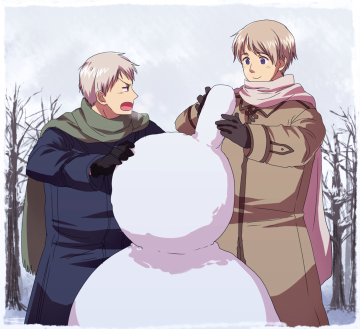 daizu (kinako), daizu (pixiv555157), prussia (hetalia), russia (hetalia), axis powers hetalia, bad id, bad pixiv id, 00s, 2boys, blonde hair, coat, male focus, military, military uniform, multiple boys, nature, outdoors, plant, scarf, sky, snow, snowman