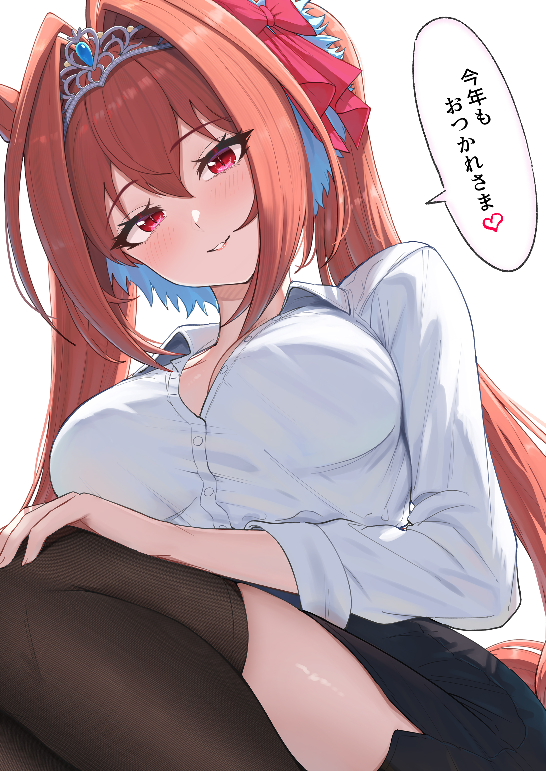 take978733141, daiwa scarlet (umamusume), umamusume, absurdres, commentary request, highres, revision, translation request, 1girl, alternate costume, animal ears, black skirt, black thighhighs, blush, bow, breasts, brown tail, cleavage, fang, hair between eyes, hair bow, hair ornament, horse ears, horse girl, horse tail, large breasts, long hair, looking at viewer, pencil skirt, red bow, shirt, simple background, skin fang, skirt, sleeves rolled up, smile, solo, speech bubble, tail, thighhighs, thighs, white background, white shirt