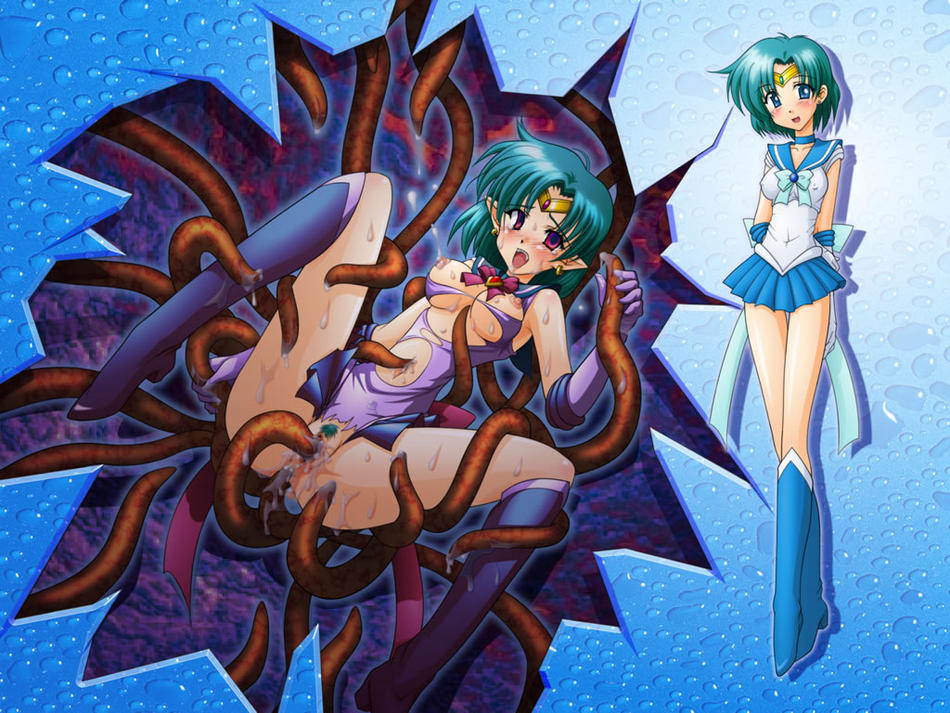 crooked navel, mizuno ami, sailor mercury, bishoujo senshi sailor moon, 1990s (style), aqua hair, blush, breasts, corruption, pointy ears, pubic hair, pussy, smile, tentacles