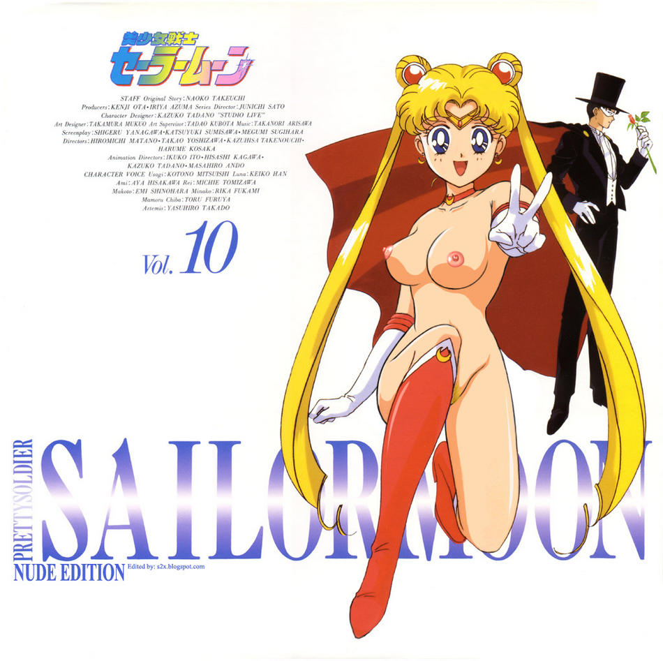 sailor moon, tsukino usagi, bishoujo senshi sailor moon, 1990s (style), 1boy, 1girl, breasts, large breasts, nipples, nude, pubic hair, pussy, retro artstyle, smile, white background