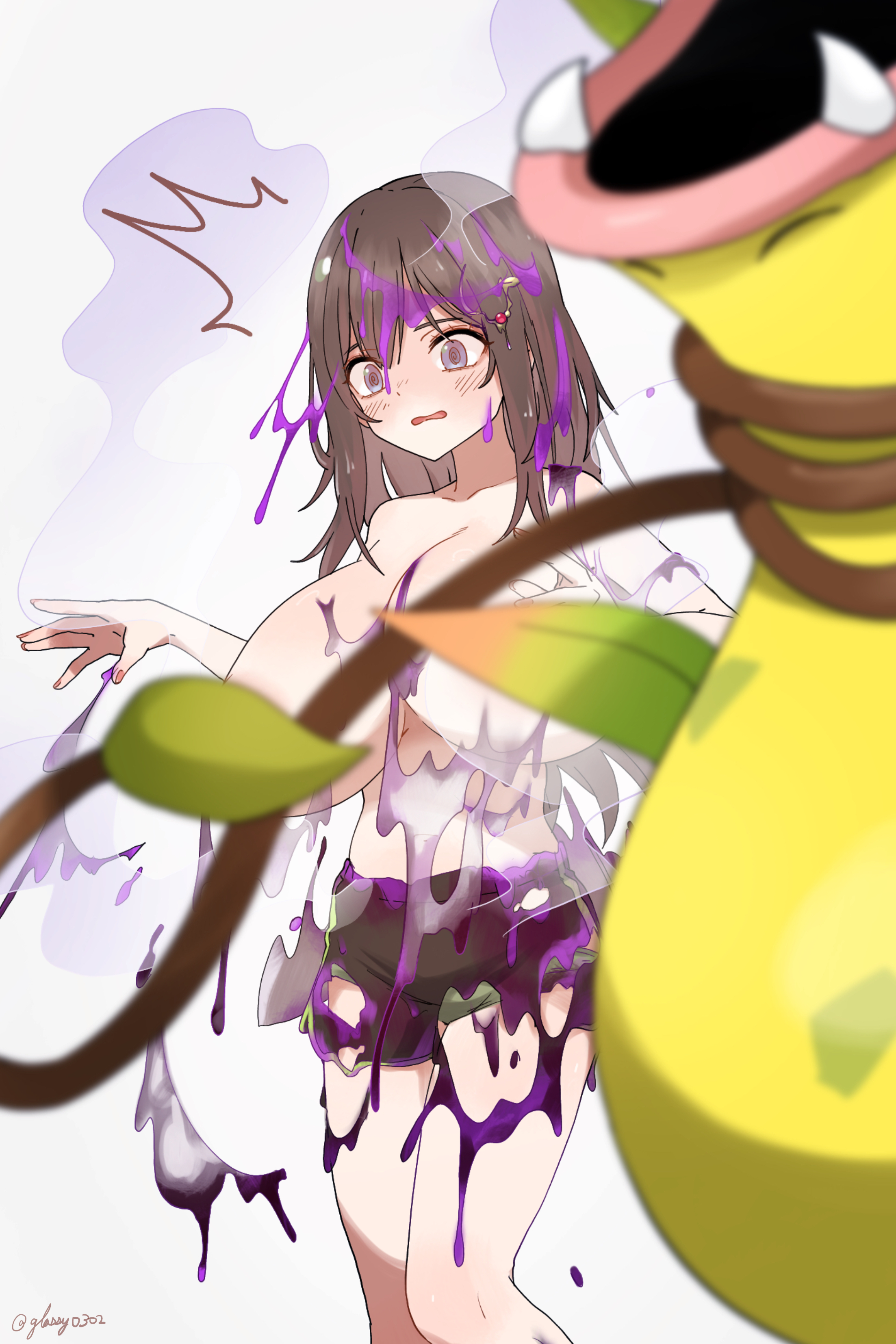 glassy0302, kuraishi ringo (glassy0302), kuraishi rinngo, mega victreebel, victreebel, nintendo, original, pokemon, highres, 1girl, @ @, apple hair ornament, areola slip, artist name, black shorts, blush, breasts, brown hair, censored, convenient censoring, dissolving clothes, food-themed hair ornament, gen 1 pokemon, hair ornament, huge breasts, jewelry, leaf, major injury underreaction, medium hair, mega evolution, open mouth, poison, pokemon (creature), purple eyes, shirt, short shorts, shorts, standing, twitter username, white shirt