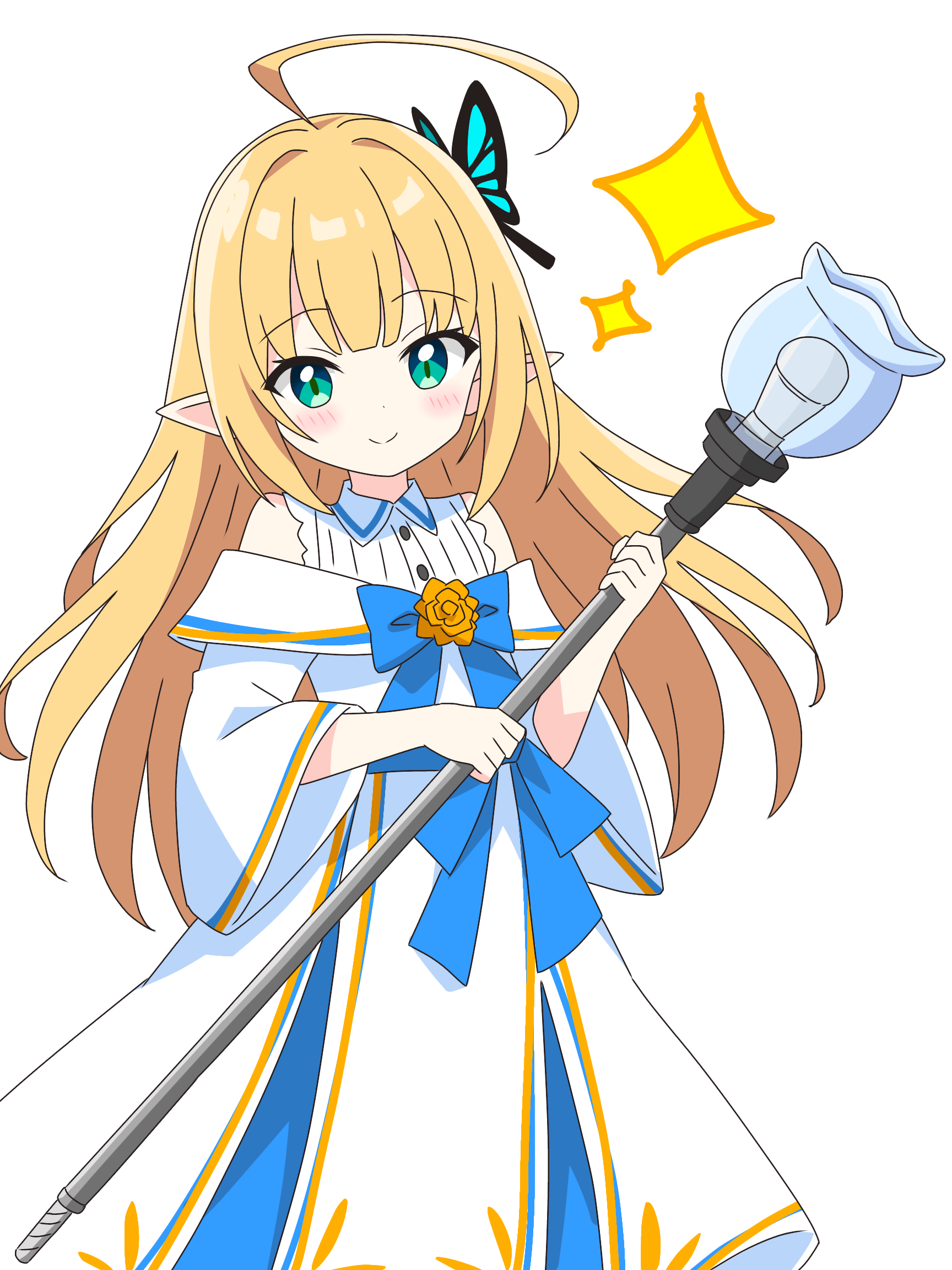 kotatsu-mazoku, original, commentary request, highres, 1girl, ahoge, bare shoulders, blue bow, blue bowtie, blunt bangs, blush, bow, bowtie, butterfly hair ornament, closed mouth, collared shirt, cowboy shot, dot nose, dress, green eyes, hair intakes, hair ornament, holding, holding staff, long sleeves, looking at viewer, off-shoulder dress, off shoulder, pointy ears, shirt, sidelocks, simple background, sleeveless, sleeveless shirt, smile, solo, sparkle, staff, white background, white dress, white shirt, wide sleeves