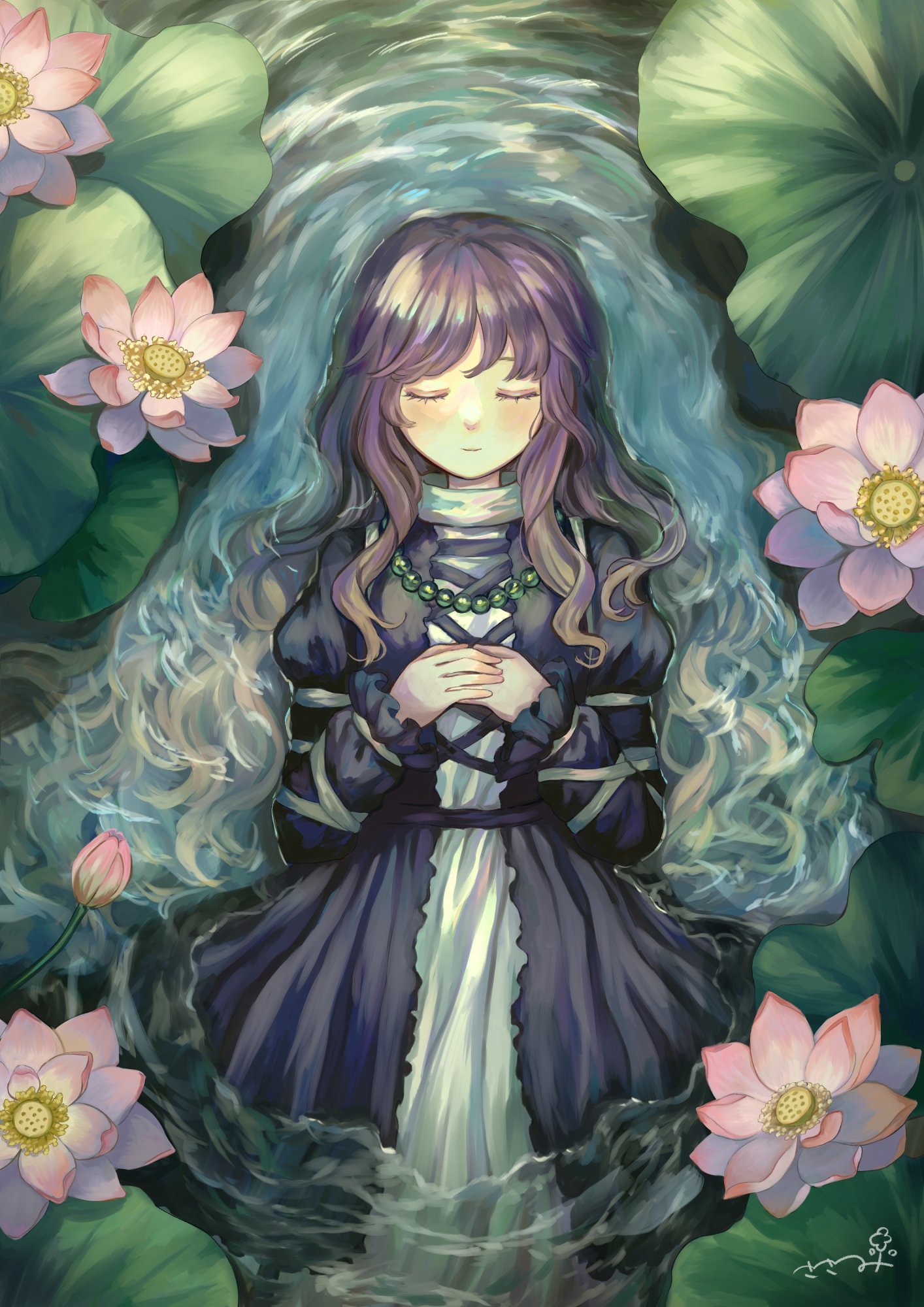sasami (shiroi fuwafuwa), hijiri byakuren, touhou, commentary request, highres, 1girl, bead necklace, beads, black dress, blonde hair, closed eyes, closed mouth, cross-laced clothes, cross-laced dress, dress, facing viewer, floating, flower, gradient hair, hands on own chest, jewelry, juliet sleeves, layered dress, long hair, long sleeves, lotus, multicolored hair, necklace, pink flower, puffy sleeves, purple hair, signature, solo, very long hair, water, white dress