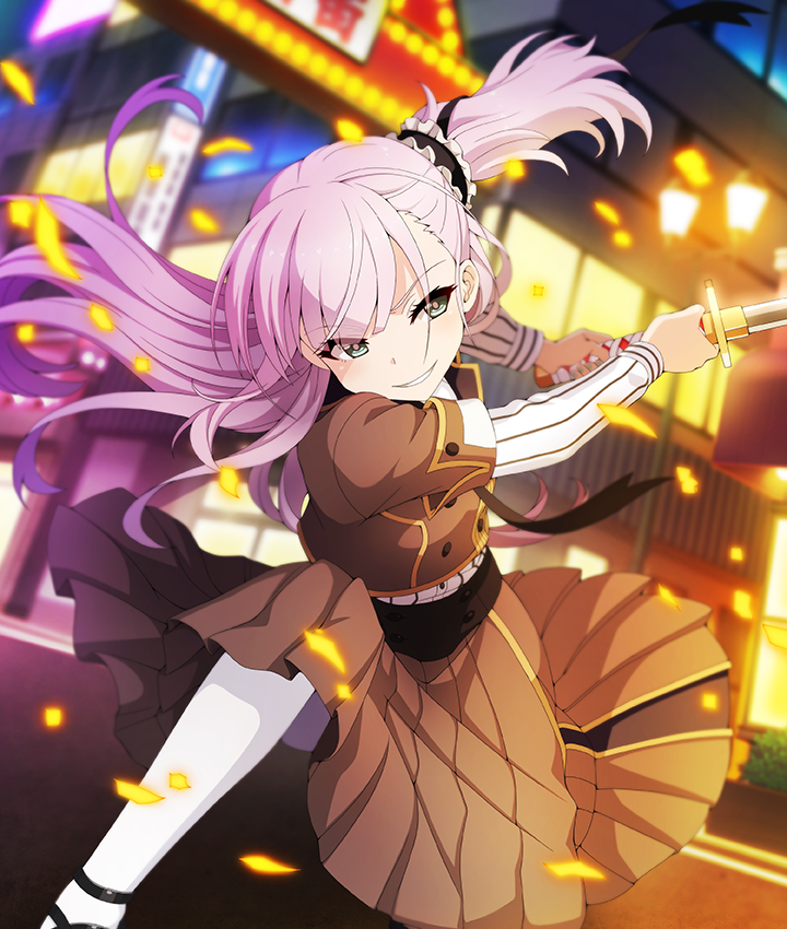 tsubakuro yume, toji no miko, toji no miko: kizamishi issen no tomoshibi, game cg, official art, third-party source, 1girl, brown jacket, brown skirt, building, buttons, city, double-breasted, dutch angle, green eyes, green nails, grin, holding, holding sword, holding weapon, jacket, katana, lamppost, long hair, long sleeves, lunging, night, origami family's elite guard uniform, outdoors, pantyhose, pink pupils, pinstripe sleeves, purple hair, side ponytail, skirt, smile, solo, swinging weapon, sword, weapon, white pantyhose, white sleeves