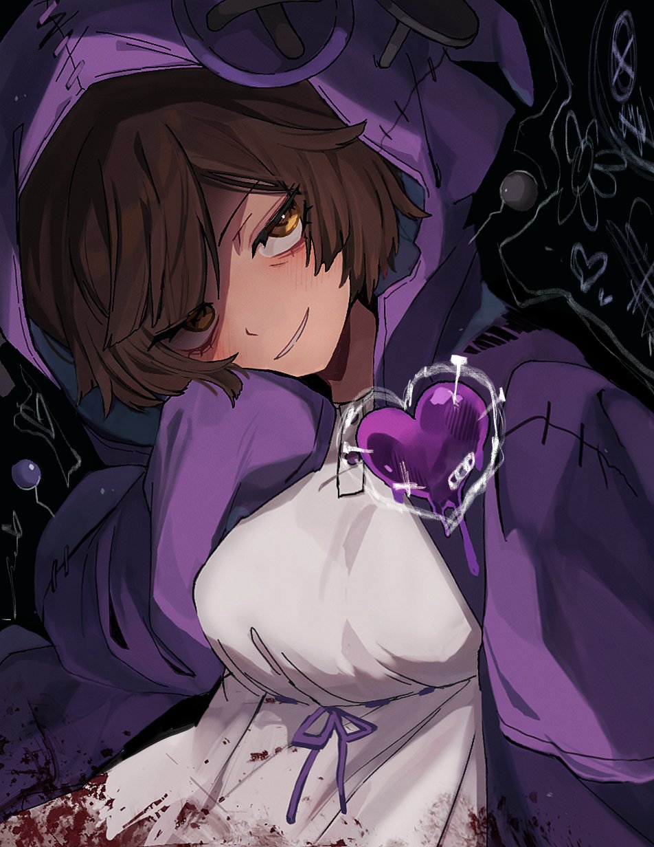 yippee, outis (project moon), limbus company, project moon, highres, 1girl, black background, blood, blood on clothes, blush, breasts, brown eyes, brown hair, coat, dress, heart, hood, hood up, hooded coat, i'll go fer scissors. how 'bout you? (e.g.o), large buttons, looking at viewer, medium breasts, parted lips, pin, purple coat, purple ribbon, ribbon, short hair, sleeves past fingers, sleeves past wrists, smile, solo, upper body, white dress