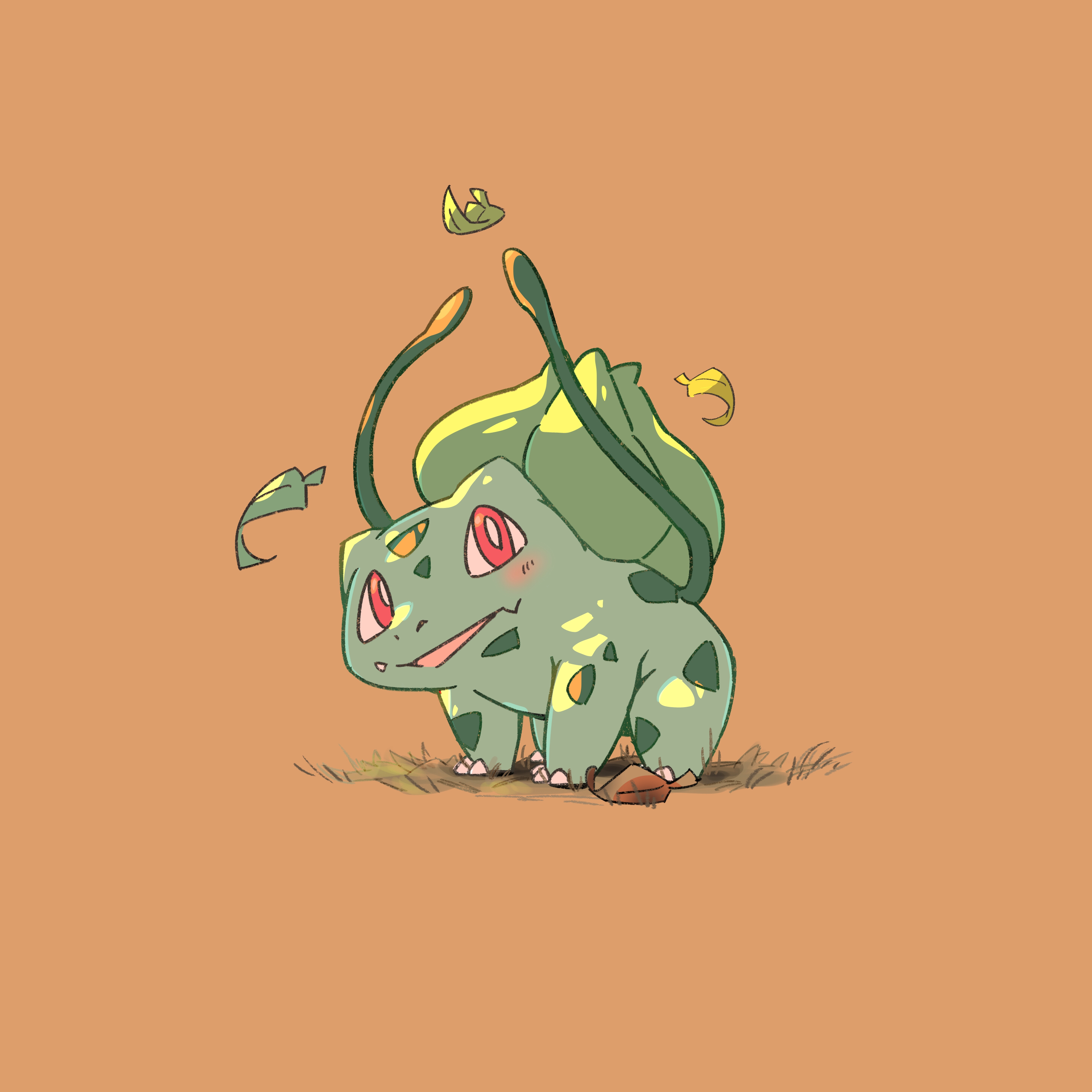 ny0t4ro, bulbasaur, nintendo, pokemon, absurdres, commentary request, highres, animal focus, blush, bright pupils, food, food on face, full body, gen 1 pokemon, leaf, looking up, no humans, open mouth, plant, pokemon (creature), red eyes, simple background, solo, vines, white pupils