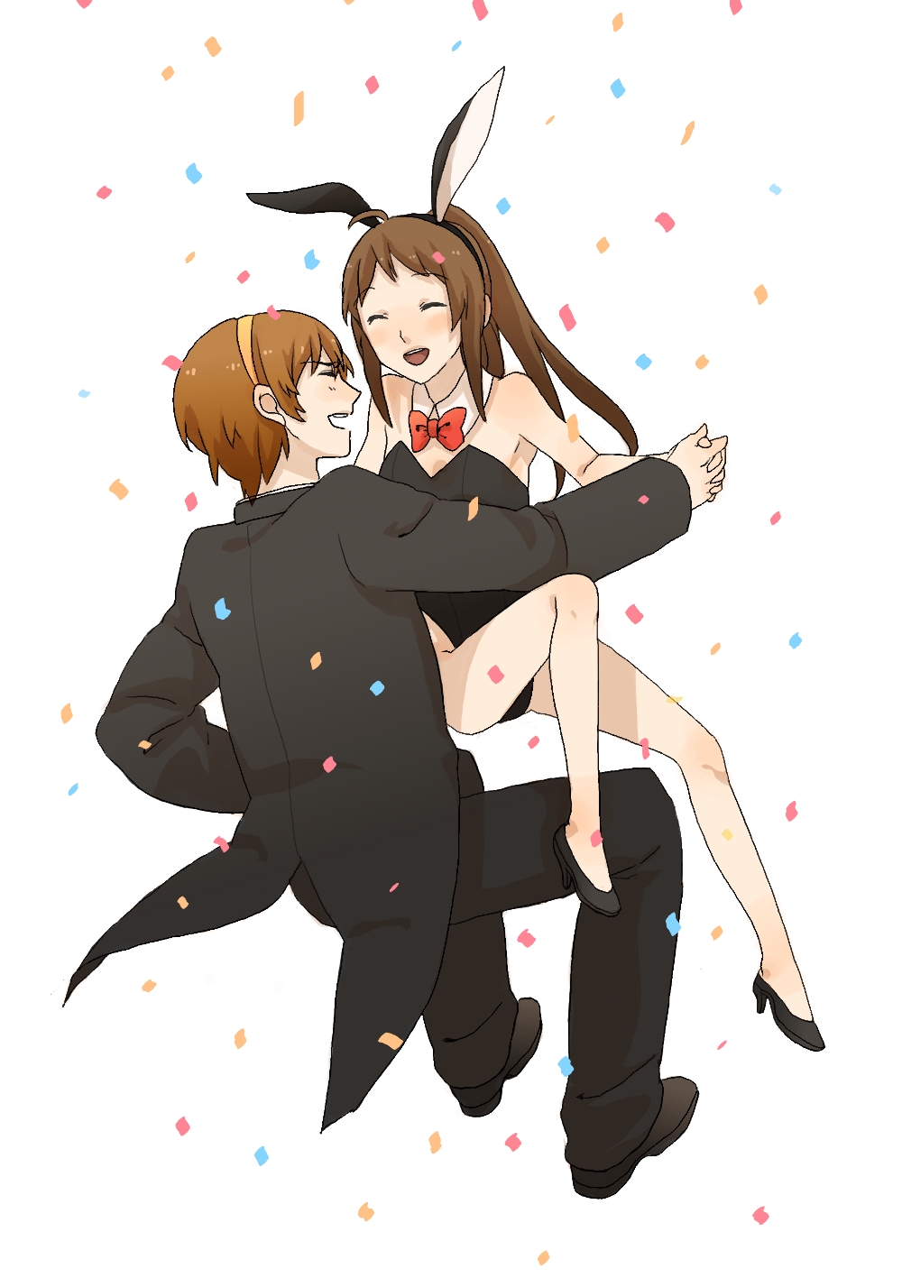 machi-723, kyonko, suzumiya haruhiko, suzumiya haruhi no yuuutsu, suzumiya haruhiko no yuuutsu, bad id, bad pixiv id, highres, 00s, 1boy, 1girl, animal ears, bare legs, brown hair, closed eyes, confetti, fake animal ears, genderswap, genderswap (ftm), genderswap (mtf), hairband, long hair, playboy bunny, ponytail, rabbit ears, smile, tailcoat, tuxedo