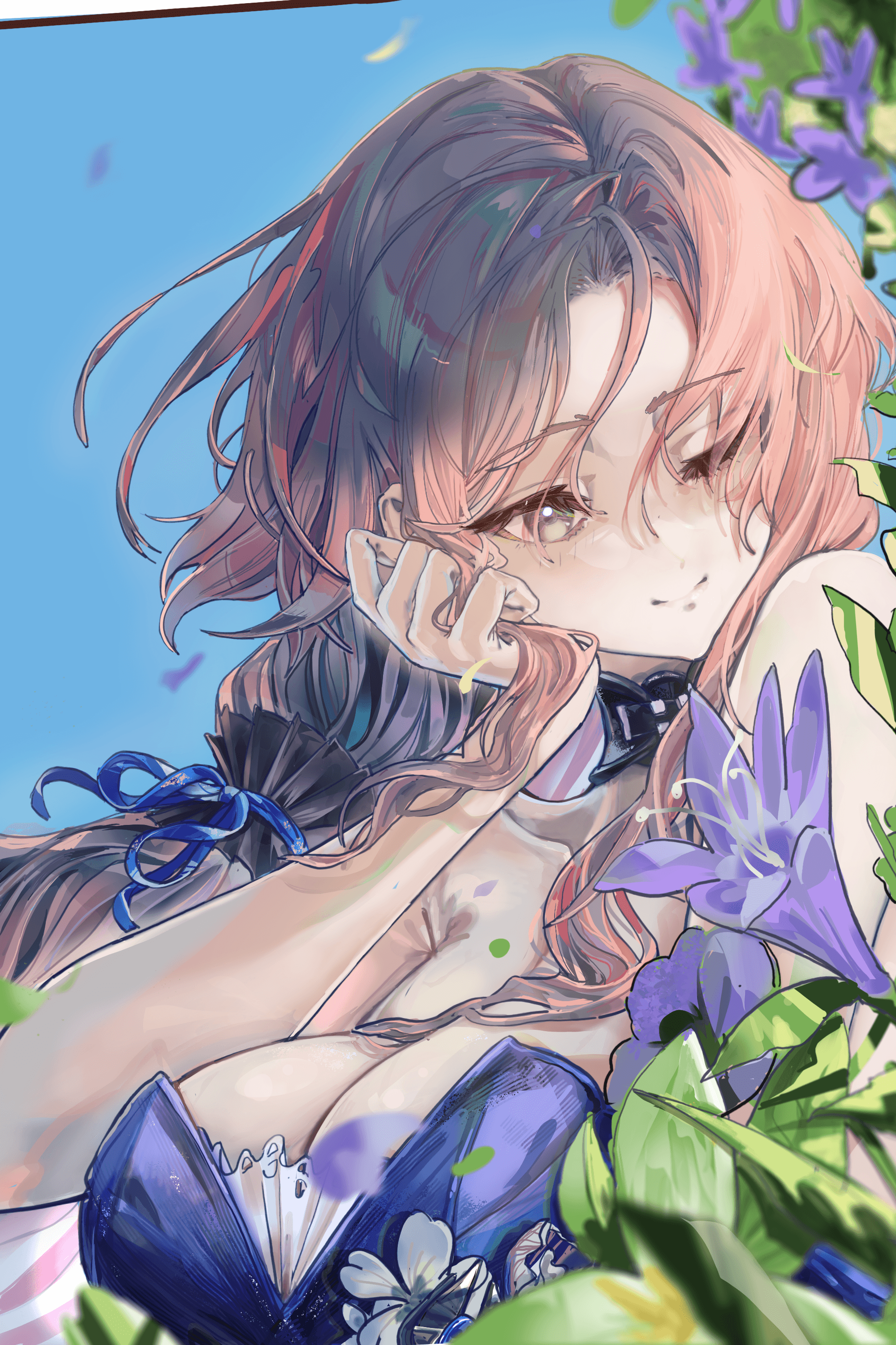 unwomagno, lexington (azur lane), azur lane, absurdres, highres, 1girl, ;), blue background, blue dress, breasts, cleavage, dress, flower, grey eyes, hair between eyes, hair over shoulder, hair tie, holding, holding own hair, large breasts, lexington ii (azur lane), long hair, multicolored hair, one eye closed, pink hair, purple flower, smile, solo