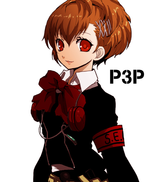 kirita (noraring), noraring, shiomi kotone, atlus, persona, persona 3, persona 3 portable, bad id, bad pixiv id, 1girl, armband, bow, female focus, hair ornament, hairclip, headphones, mp3 player, school uniform, short hair, solo