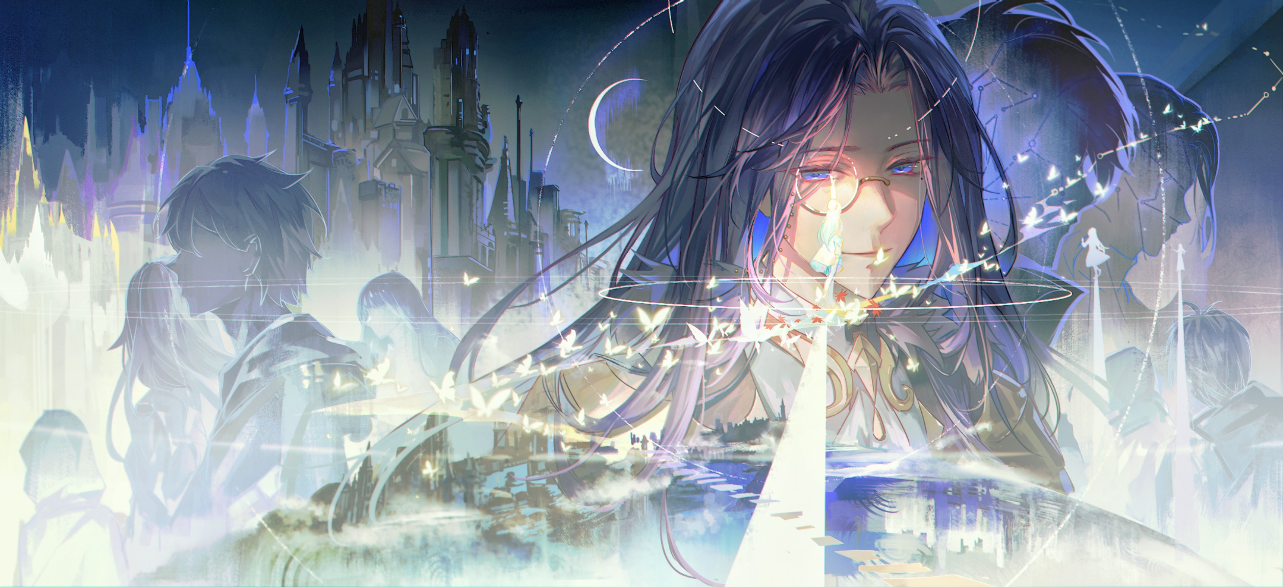 shisangeashi, clarence clayden, clarence clayden (godheim), heroine (lovebrush chronicles), lovebrush chronicles, absurdres, commentary, english commentary, highres, 3girls, 6+boys, arm up, beret, blue eyes, blue hair, bug, butterfly, cape, castle, closed mouth, collared shirt, constellation, crescent moon, curtained hair, faceless, faceless female, faceless male, facing away, full body, fur-trimmed cape, fur trim, hat, insect, leaf, long hair, looking at another, male focus, maple leaf, mole, mole under eye, moon, multiple boys, multiple girls, multiple persona, night, parted bangs, planet, pole, portrait, reaching, reaching towards another, shirt, short hair, sideways glance, size difference, skirt, smile, solo focus, stairs, standing, white butterfly, white shirt, yellow butterfly