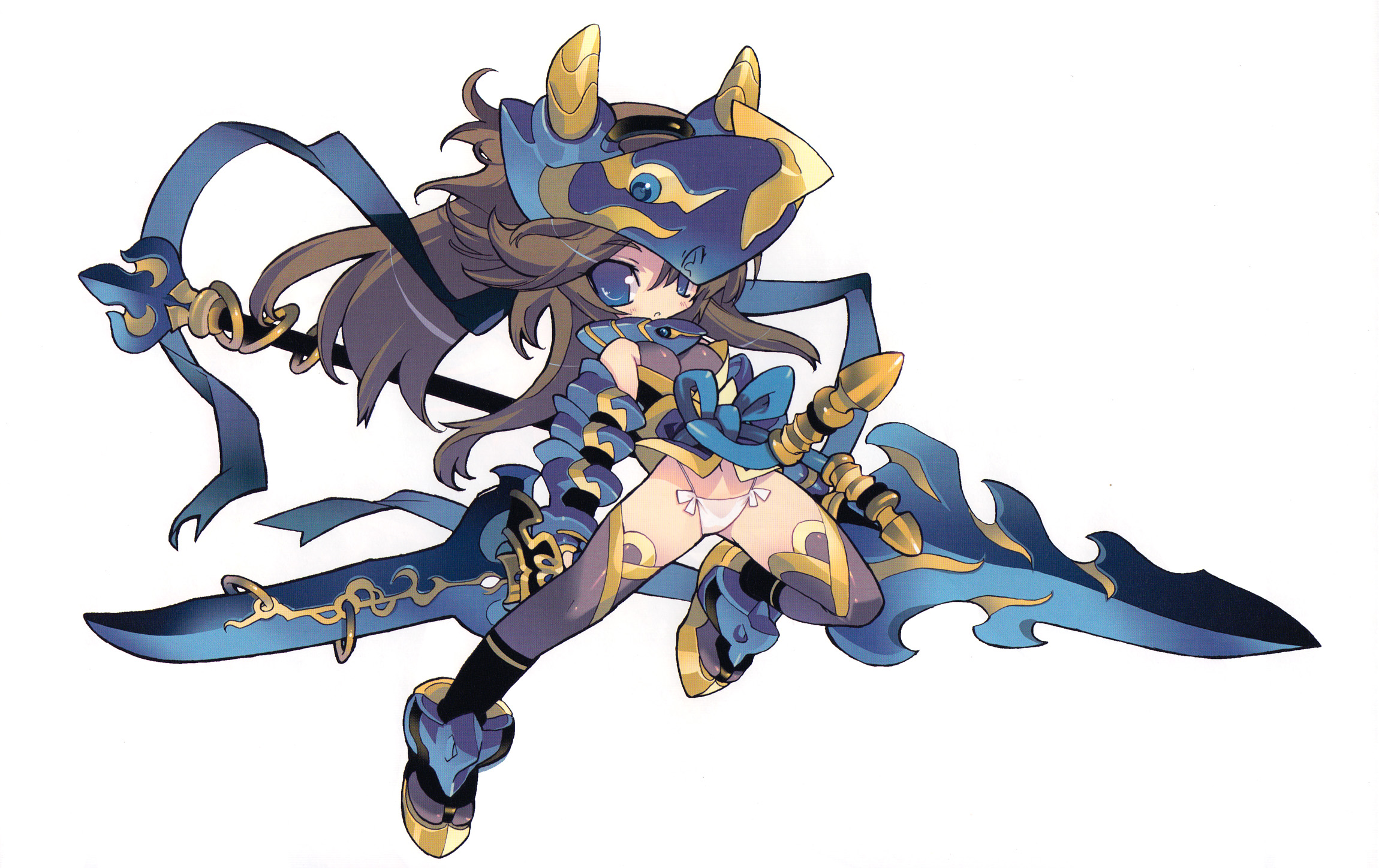 blade (galaxist), original, blade, highres, scan, 1girl, armor, blue eyes, brown hair, dual wielding, female focus, full body, helmet, holding, holding sword, holding weapon, lance, long hair, panties, polearm, simple background, solo, spear, sword, thighhighs, underwear, weapon, white background