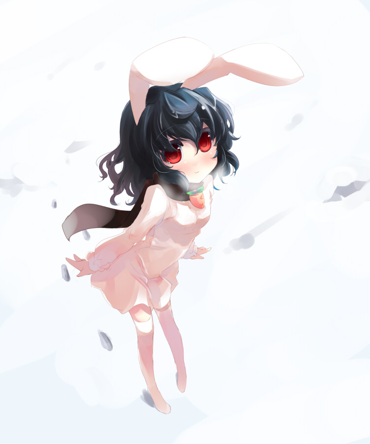 shin (new), inaba tewi, touhou, 1girl, animal ears, black hair, blush, female focus, full body, rabbit ears, red eyes, scarf, short hair, smile, snow, solo, thighhighs, white background