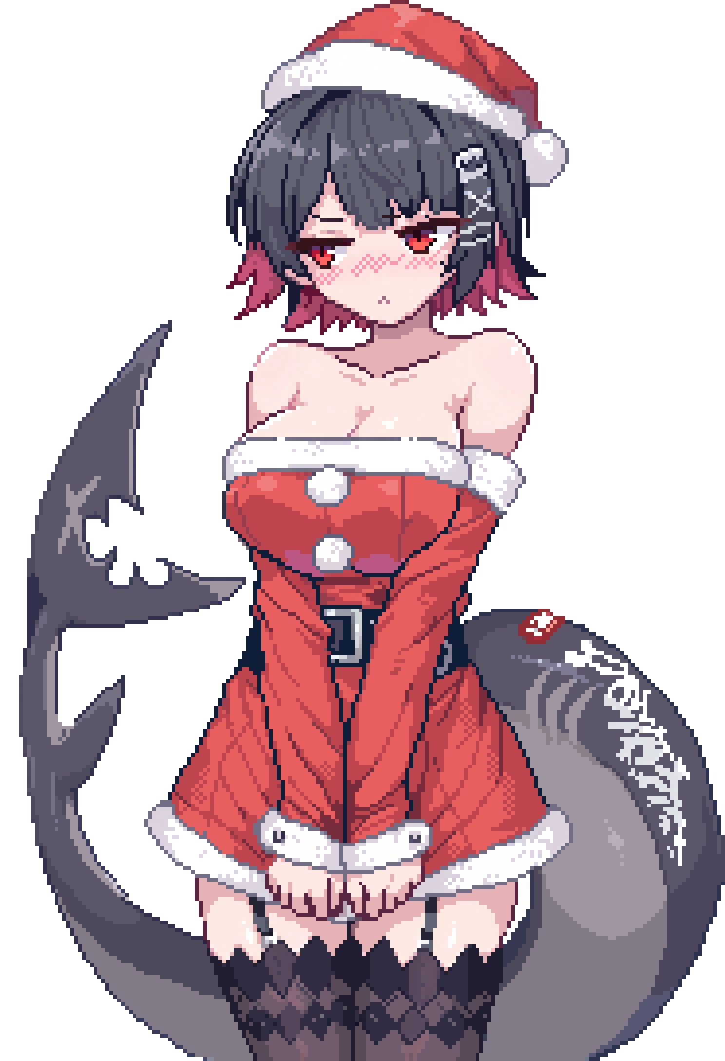 ellen joe, zenless zone zero, highres, 1girl, belt, belt around waist, belt buckle, black belt, black hair, blush, breasts, buckle, cleavage, collarbone, colored inner hair, cowboy shot, detached sleeves, dress, fins, fish tail, flustered, fur-trimmed dress, fur-trimmed sleeves, fur trim, garter straps, hair ornament, hairband, hairclip, multicolored hair, pink hair, pixel art, red dress, red eyes, santa costume, santa dress, shark girl, shark tail, shimamuraa11451, shy, simple background, solo, tail, thighhighs, undersized clothes, white background
