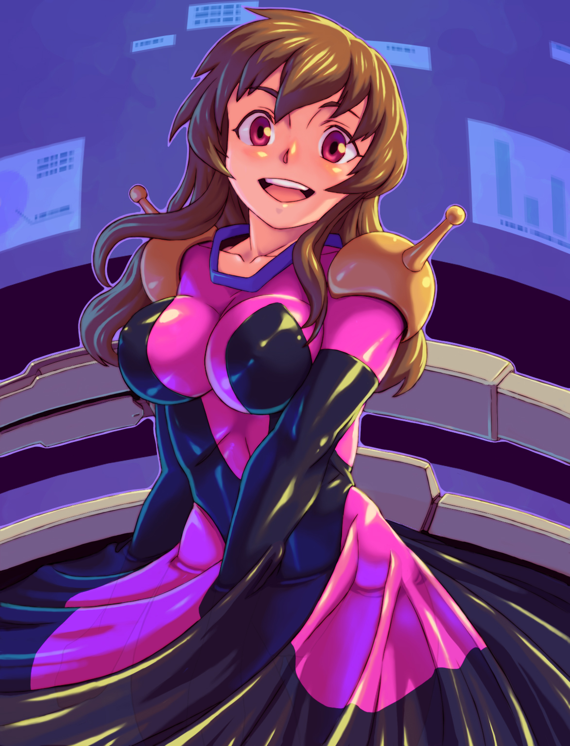 chiaki (tom910), tom910, maria owens, rain mikamura, g gundam, gundam, sd gundam, sd gundam g-generation, highres, 1girl, bodysuit, breasts, brown hair, cosplay, female focus, large breasts, long hair, mecha pilot suit, mobile trace suit, rain mikamura (cosplay), red eyes, skin tight, solo