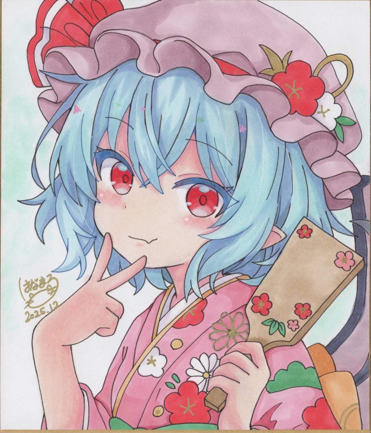 remilia scarlet, touhou, commentary request, highres, traditional media, 1girl, alternate costume, bat wings, blue hair, blush, closed mouth, dated, fang, floral print, flower, hagoita, hat, hat flower, hat ribbon, holding, holding paddle, hoshi tea party, japanese clothes, kimono, looking at viewer, mob cap, paddle, pink hat, pink kimono, pointy ears, print kimono, red eyes, ribbon, shikishi, signature, skin fang, smile, solo, wings