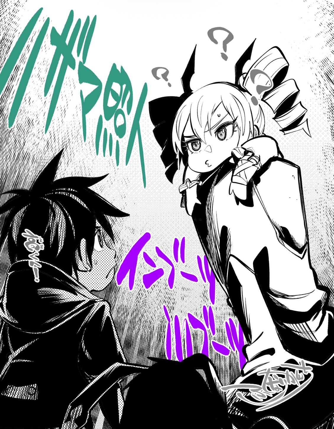 fukunari kanchi, kazama shoto, muchomon, violet inboots, digimon, digimon card game, digimon liberator, highres, 1boy, 1girl, chibi, digimon (creature), drill hair, hood, hood down, hoodie, oversized footwear, partially colored, pun, short hair, sound effects, twin drills