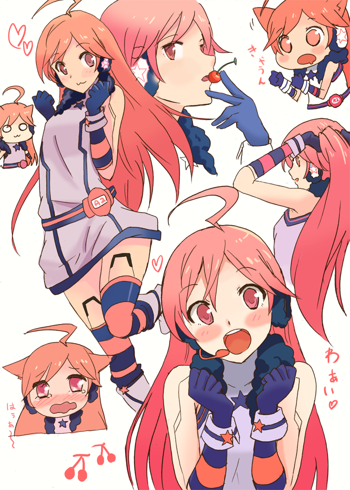 hyakuen raitaa, sf-a2 miki, vocaloid, multicolored legwear, bad id, bad pixiv id, 1girl, :3, ahoge, android, animal ears, belt, blush, boots, cat ears, cherry, chibi, doll joints, dress, female focus, food, fruit, gloves, headphones, headset, heart, joints, kneehighs, long hair, open mouth, pink hair, red eyes, robot joints, smile, socks, solo, star (symbol), striped clothes, striped gloves, striped socks, striped thighhighs, tears, thighhighs, wrist cuffs