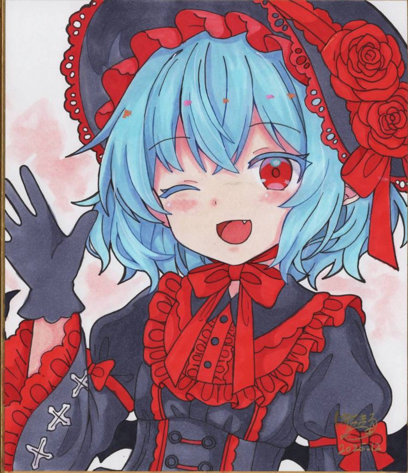 remilia scarlet, touhou, commentary request, traditional media, 1girl, bat wings, black dress, black gloves, black hat, blue hair, blush, bow, dress, fang, flower, frilled sleeves, frills, gloves, hat, hat flower, hoshi tea party, long sleeves, looking at viewer, one eye closed, open mouth, pointy ears, red bow, red eyes, red flower, red rose, rose, shikishi, smile, solo, wide sleeves, wings