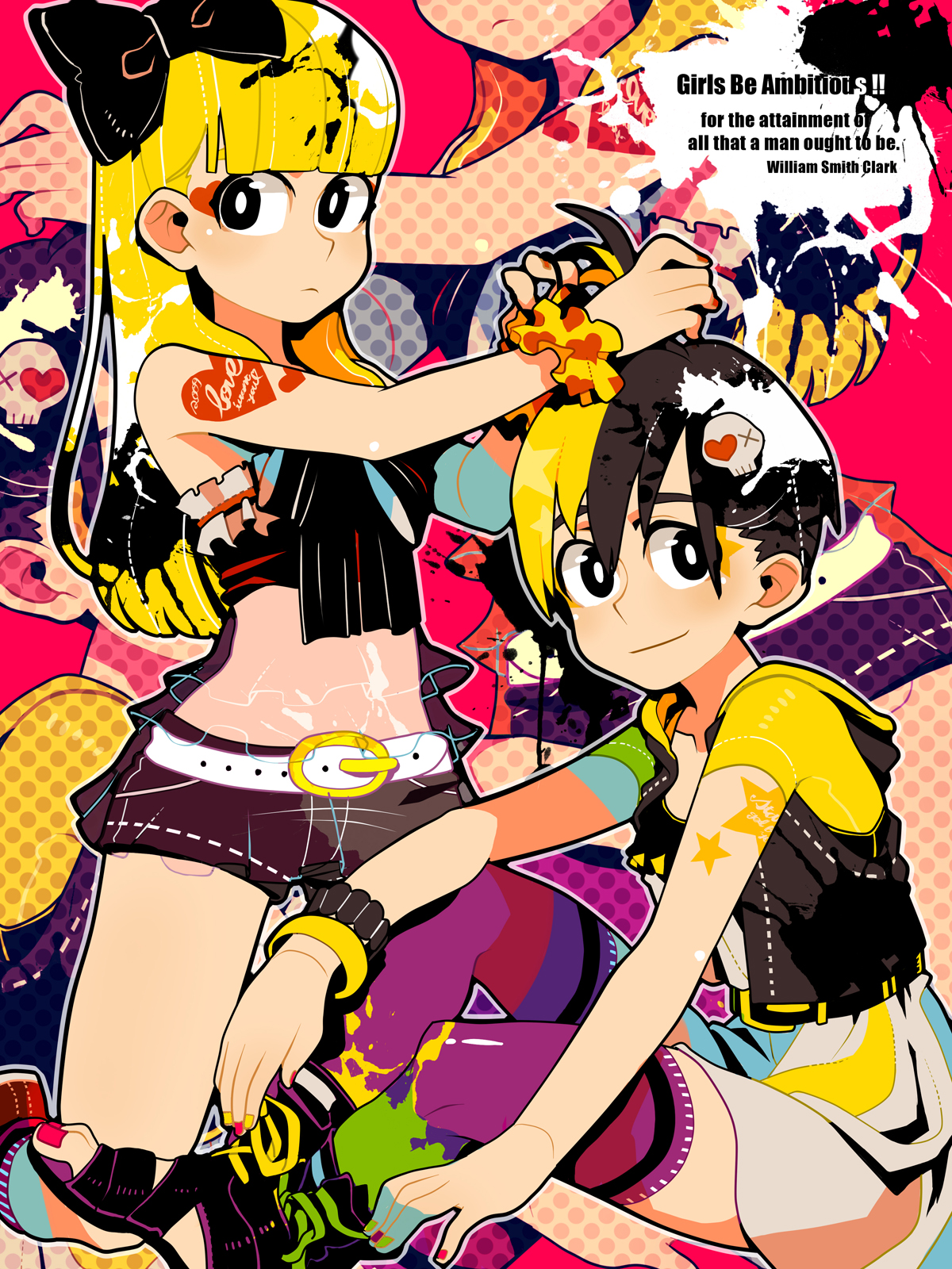 haruo (clownberry), bad id, bad pixiv id, highres, 2girls, bare shoulders, blonde hair, bracelet, jewelry, long hair, midriff, multicolored hair, multiple girls, shorts, smile, tattoo, thighhighs