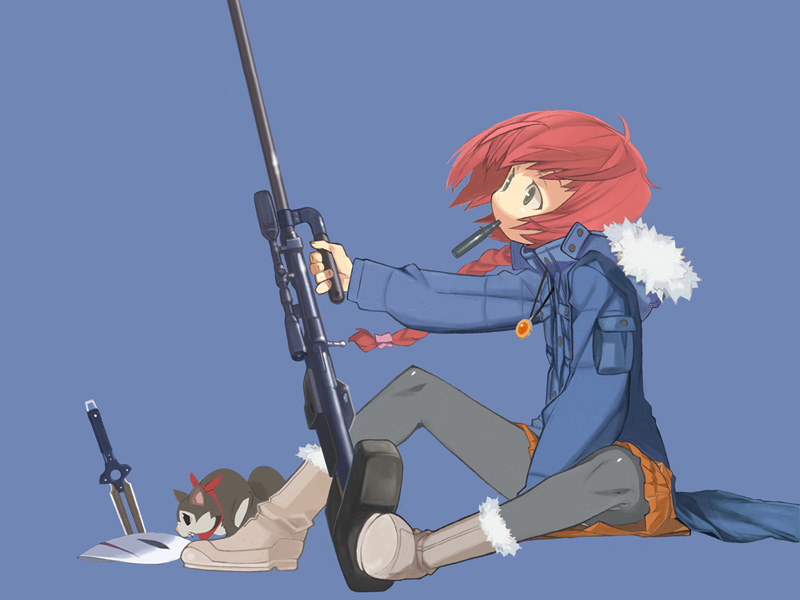 yuuki (irodo rhythm), mao (darker than black), petya, suou pavlichenko, darker than black, 00s, 1girl, anti-materiel rifle, black cat, bolt action, braid, bullet, cat, coat, female focus, green eyes, gun, knife, long hair, mask, panties, panties under pantyhose, pantyhose, pantyshot, ptrd-41, red hair, rifle, single braid, sitting, skirt, sniper rifle, solo, squirrel, underwear, weapon