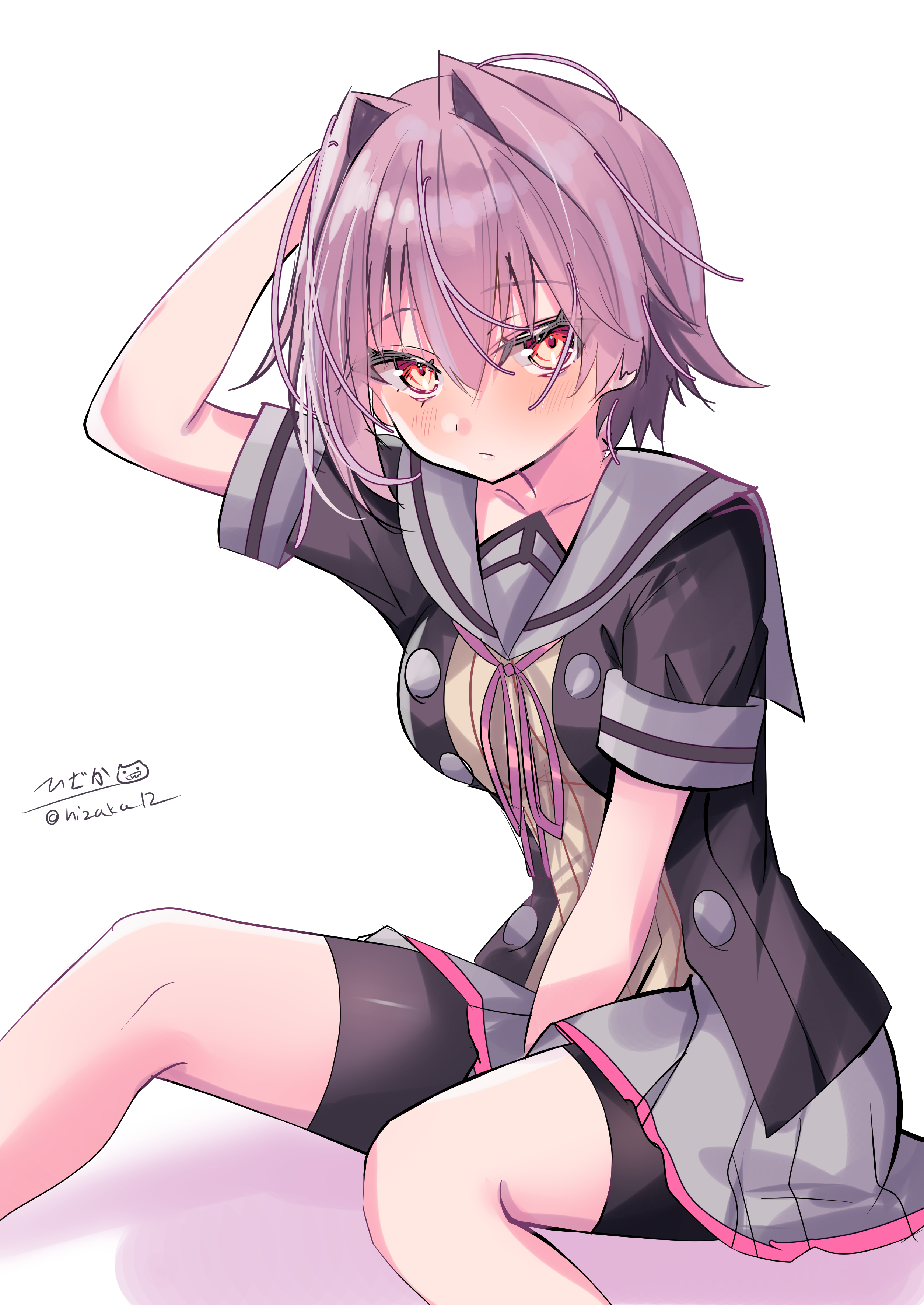 hizaka, kinu (kancolle), kinu kai ni (kancolle), kantai collection, absurdres, highres, 1girl, bike shorts, black gloves, black jacket, blush, breasts, gloves, grey sailor collar, grey skirt, hair between eyes, jacket, looking at viewer, medium breasts, neck ribbon, one-hour drawing challenge, partially fingerless gloves, pleated skirt, red hair, red ribbon, ribbon, sailor collar, school uniform, serafuku, short hair, short sleeves, shorts, shorts under skirt, signature, sitting, skirt, solo, twitter username