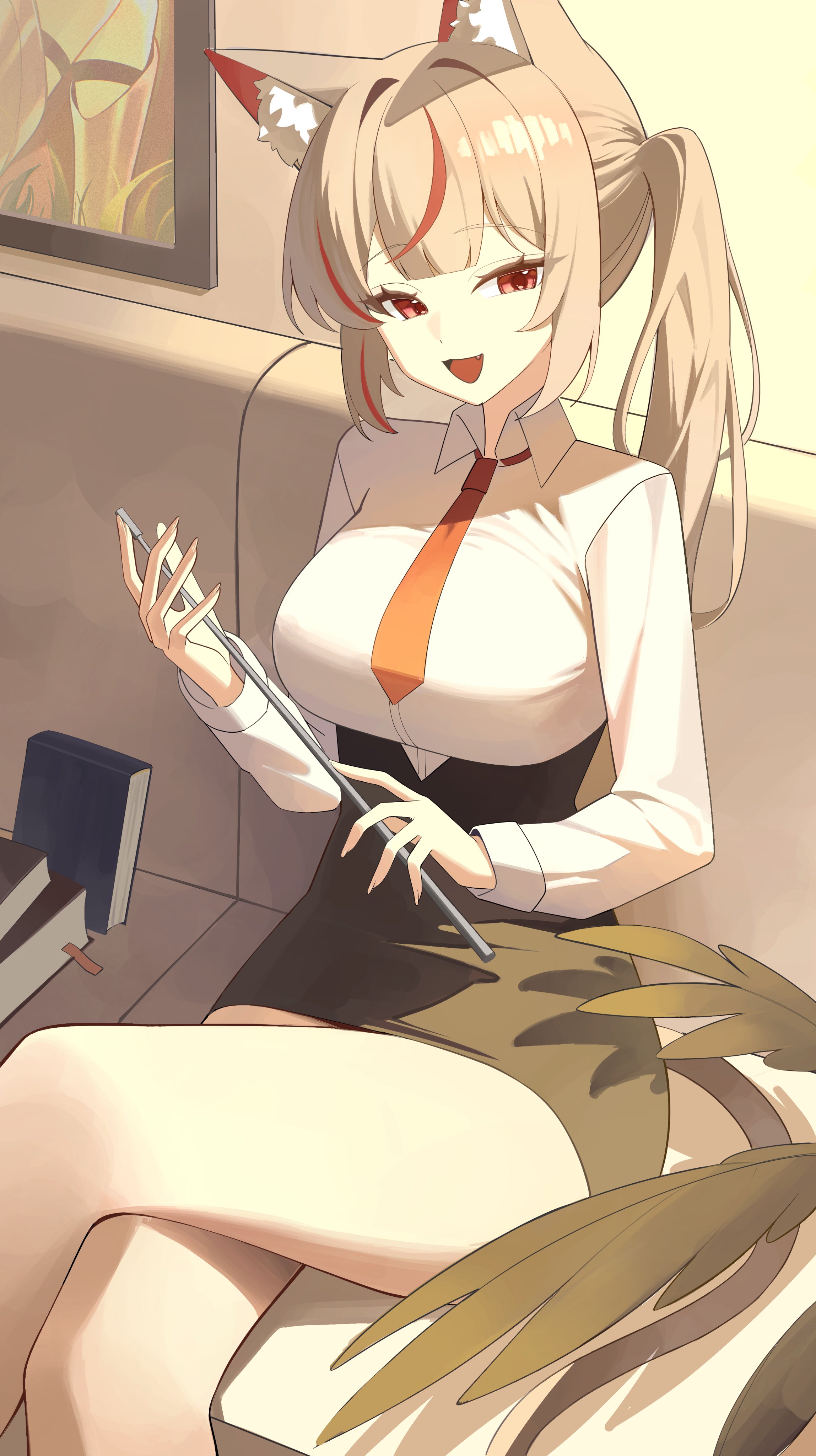 g godocbaek, neneko mashiro, stellive, absurdres, commentary request, highres, korean commentary, 1girl, animal ear fluff, animal ears, black skirt, book, breasts, cat ears, cat girl, cat tail, collared shirt, crossed legs, grey hair, high-waist skirt, holding, holding riding crop, large breasts, long hair, long sleeves, looking at viewer, miniskirt, multicolored hair, necktie, on bench, ponytail, red necktie, riding crop, shirt, short necktie, sitting, skirt, solo, streaked hair, tail, thighs, virtual youtuber, white shirt