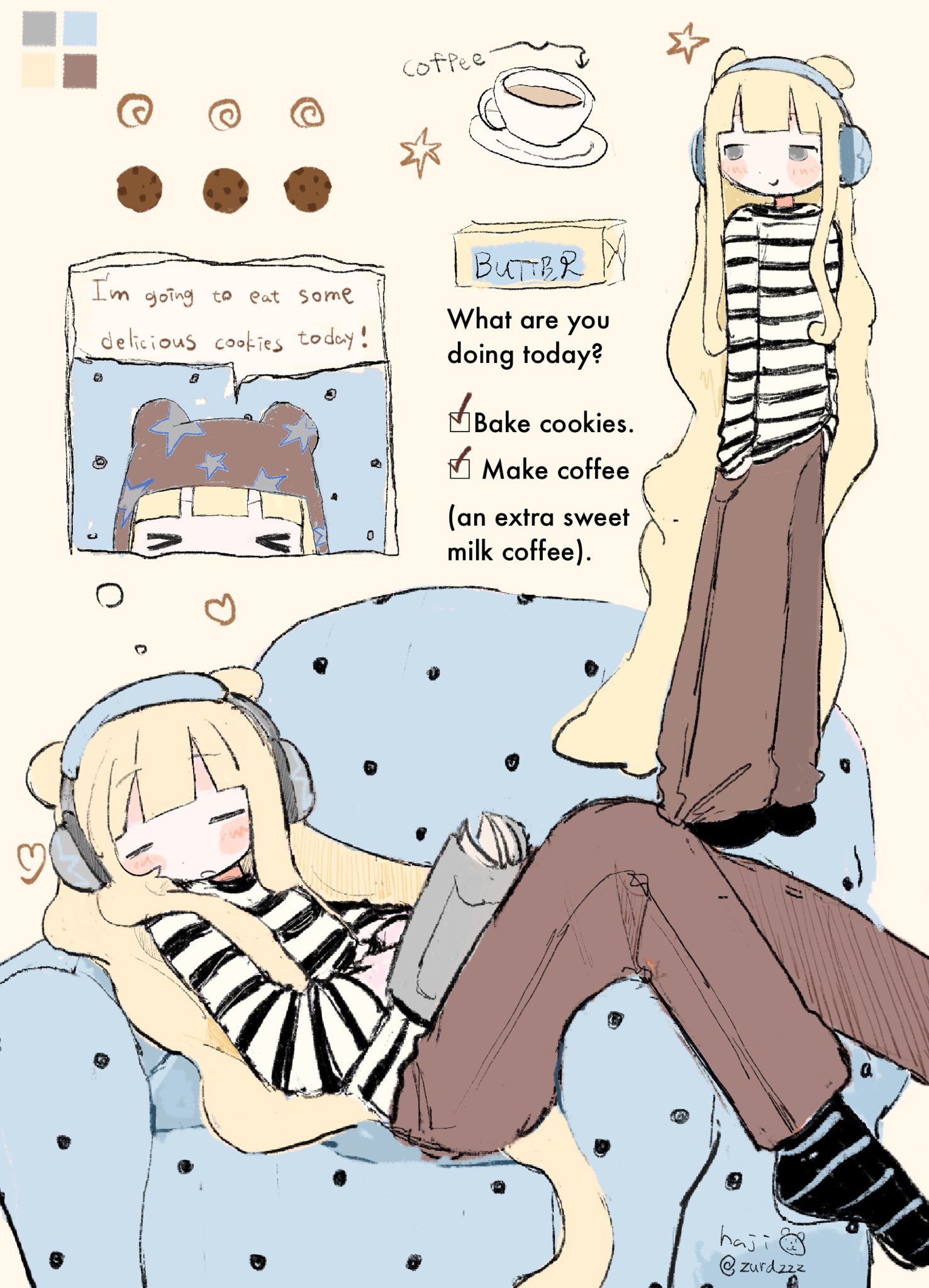 zurazzz, original, recliner, highres, 1girl, animal ears, blush, book, brown pants, butter, coffee, cookie, food, hat, headphones, heart, holding, holding book, pants, shirt, sleeping, star (symbol), striped clothes, striped shirt