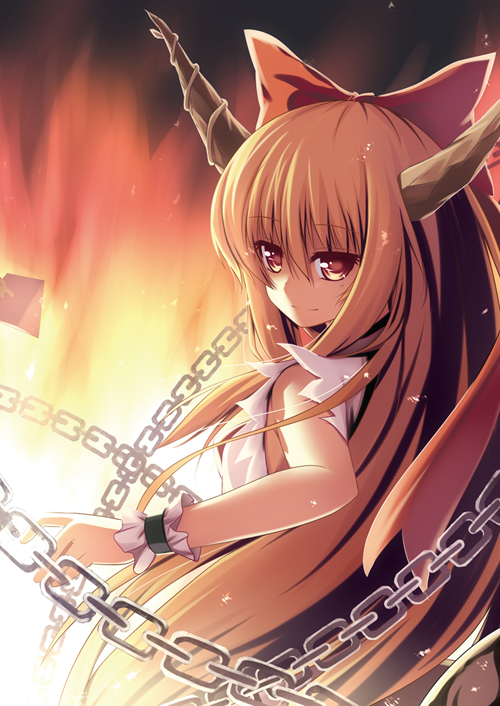 dinyc, ibuki suika, touhou, 1girl, blonde hair, bow, brown hair, chain, female focus, fire, hair bow, horns, long hair, looking back, matching hair/eyes, orange eyes, orange hair, ribbon, solo, wrist cuffs
