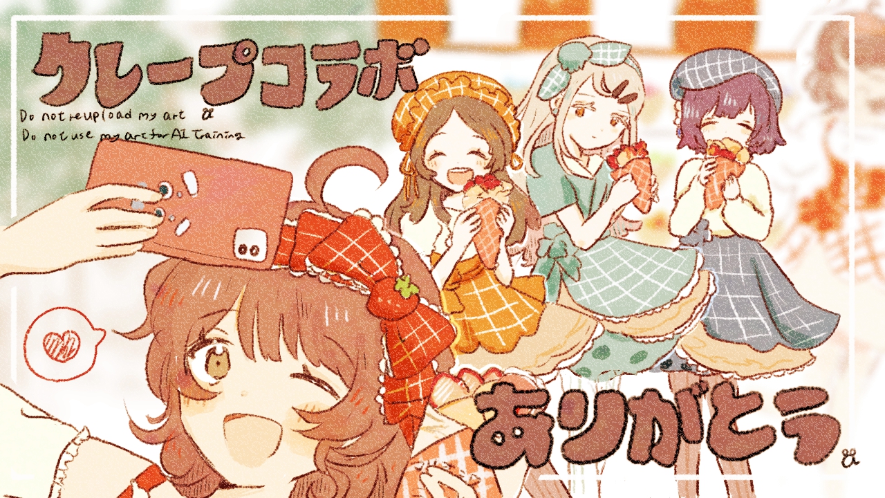 aoshirota, hanami ume, hataya misuzu, kuramoto china, shinosawa hiro, gakuen idolmaster, idolmaster, commentary request, 4girls, :d, ;d, arm up, beret, black hat, black pantyhose, black skirt, blurry, blurry background, blush, bow, bow hairband, brown hair, cellphone, closed eyes, covering own mouth, depth of field, detached sleeves, earrings, facing viewer, feet out of frame, food, green bow, green hairband, green shirt, green skirt, hairband, hands up, hat, heart, holding, holding food, holding phone, inset border, jewelry, looking at another, looking to the side, medium hair, mob cap, multiple girls, one eye closed, open mouth, orange skirt, pantyhose, parfait, phone, puffy short sleeves, puffy sleeves, purple hair, red bow, red hairband, selfie, shirt, short sleeves, skirt, smartphone, smile, spoken heart, standing, stud earrings, upper body, white pantyhose, white shirt, white sleeves