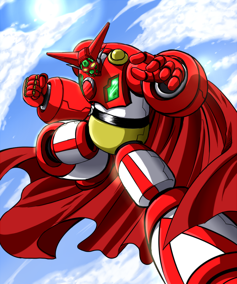 kokutou nikke, getter-1, getter robo, getter robo (classic), toei company, cape, flying, mecha, mecha focus, no humans, outdoors, robot, sky, solo, super robot