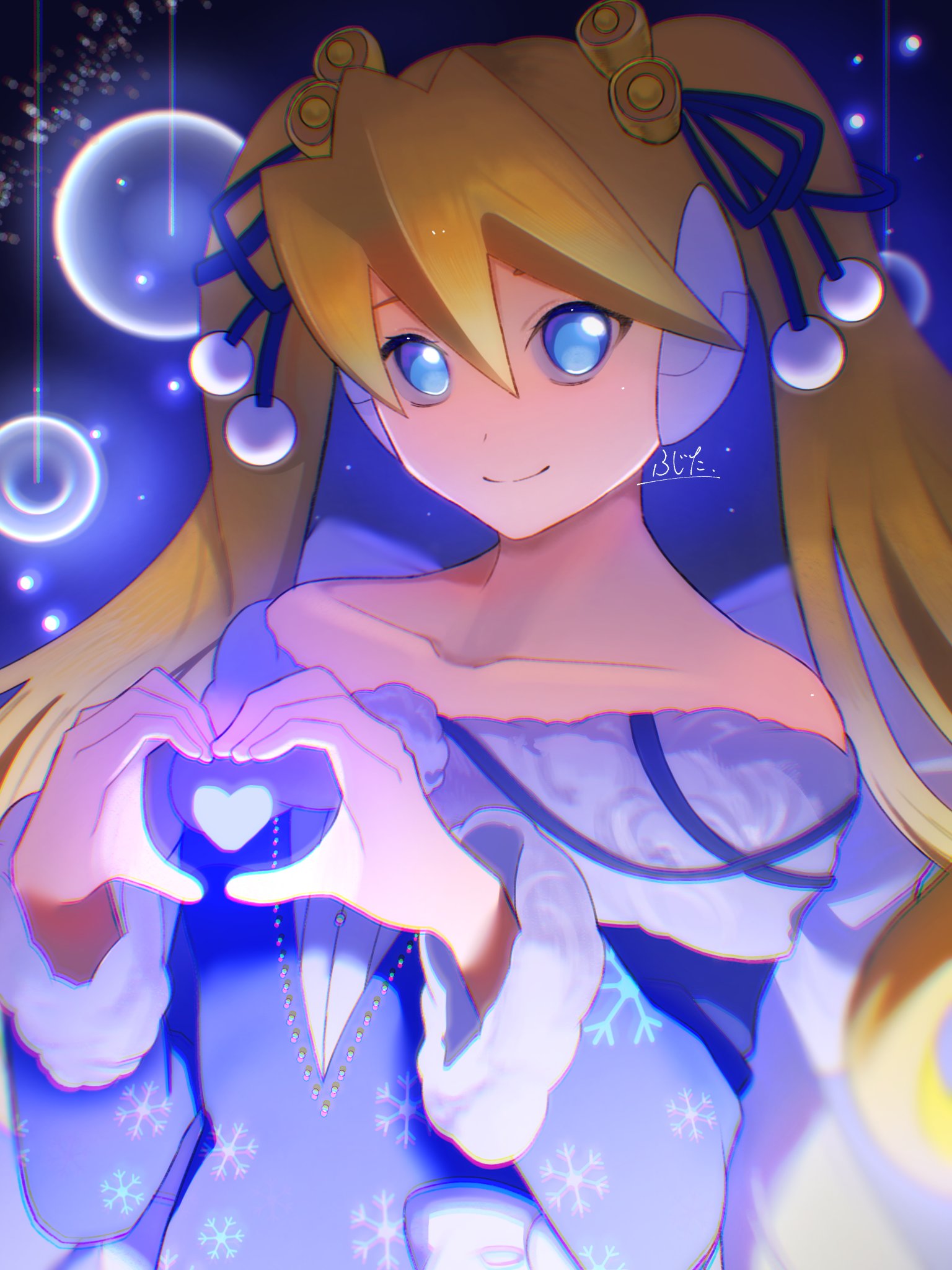 sasaki (ssk8083), ciel (mega man), mega man (series), mega man x (series), mega man x dive, mega man zero (series), highres, 1girl, bare shoulders, blonde hair, blue background, blue dress, blue eyes, christmas, collarbone, dress, heart, heart hands, official alternate costume, robot ears, solo, strapless, strapless dress, twintails, upper body