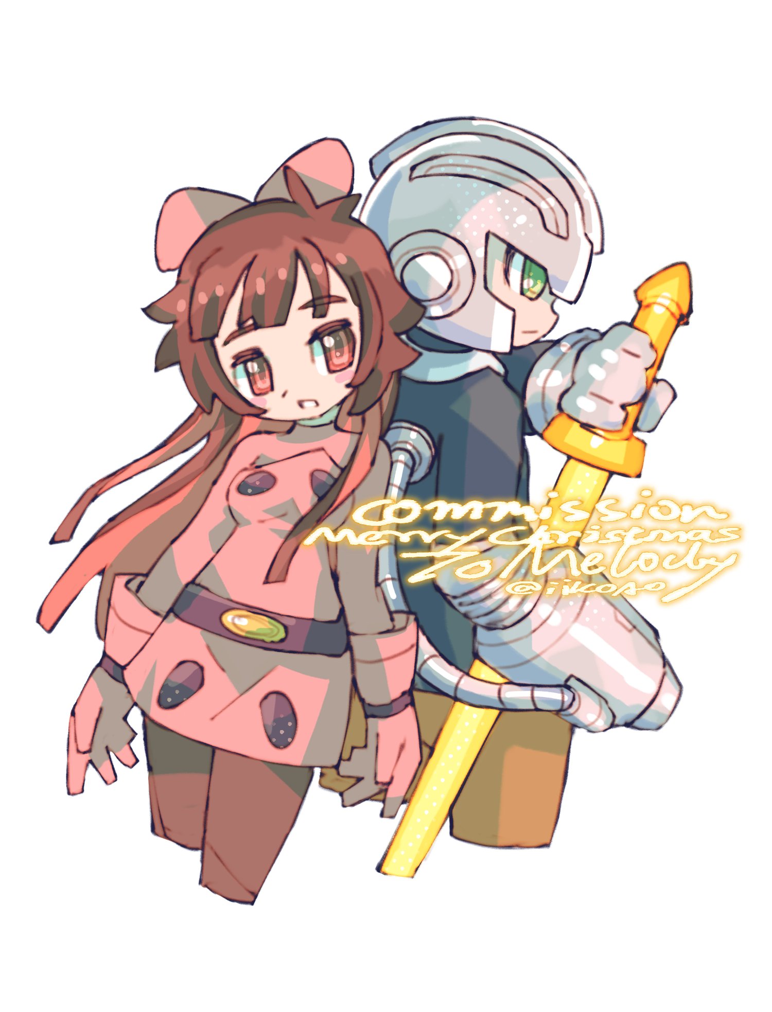 iikoao, character request, commission, copyright request, highres, 1boy, 1girl, black shirt, brown eyes, brown hair, dress, green eyes, helmet, holding, holding sword, holding weapon, long hair, merry christmas, pink dress, shirt, simple background, sword, weapon, white background
