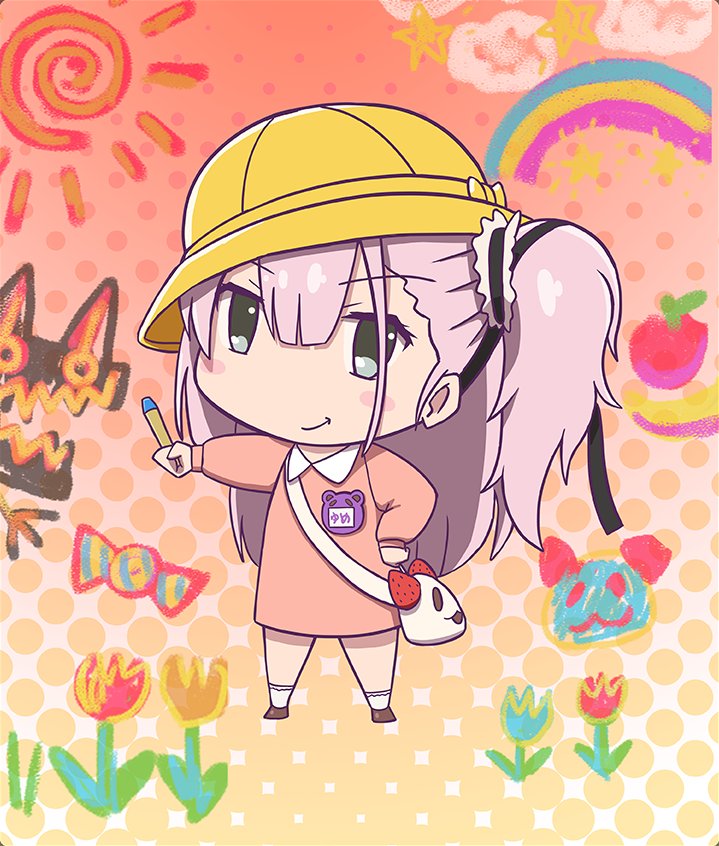 tsubakuro yume, toji no miko, toji no miko: kizamishi issen no tomoshibi, game cg, official art, third-party source, translated, 1girl, :t, apple, banana, black ribbon, blush stickers, brown shoes, candy, character bag, chibi, chibi only, child's drawing, closed mouth, cloud, crayon, double-parted bangs, food, fruit, gradient background, green eyes, hair ribbon, hand on own hip, hat, holding, holding crayon, long hair, long sleeves, looking at viewer, name tag, pink shirt, purple hair, rainbow, red background, ribbon, school hat, shirt, shoes, side ponytail, smile, socks, solo, star (symbol), strawberry daifuku cat (toji no miko), sun symbol, white bag, white socks, yellow background, yellow hat