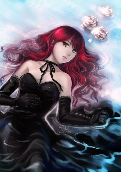 nori (infinite r-evolution), original, 1girl, bare shoulders, black dress, choker, dress, elbow gloves, female focus, flower, gloves, lips, long hair, lying, on back, red hair, ribbon, ribbon choker, rose, solo, strapless, strapless dress, water, wavy hair, wet, wet clothes, wet dress, wet hair, white flower, white rose, yellow eyes