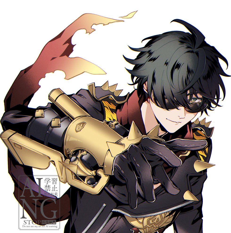 sig gnsn, lighter (zenless zone zero), zenless zone zero, commentary, english commentary, 1boy, ahoge, black gloves, black jacket, closed mouth, gloves, green eyes, green hair, hair over one eye, jacket, leather, leather jacket, looking at viewer, male focus, red scarf, scarf, short hair, shoulder spikes, simple background, smile, solo, spiked jacket, spikes, studded gloves, sunglasses, torn clothes, torn scarf, upper body, white background