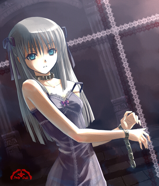 kakuno, original, 1girl, bare arms, bare shoulders, bdsm, blue eyes, bondage, bound, bow, chain, collar, collarbone, dress, female focus, grey hair, hair ribbon, long hair, looking at viewer, ribbon, slave, sleeveless, sleeveless dress, solo